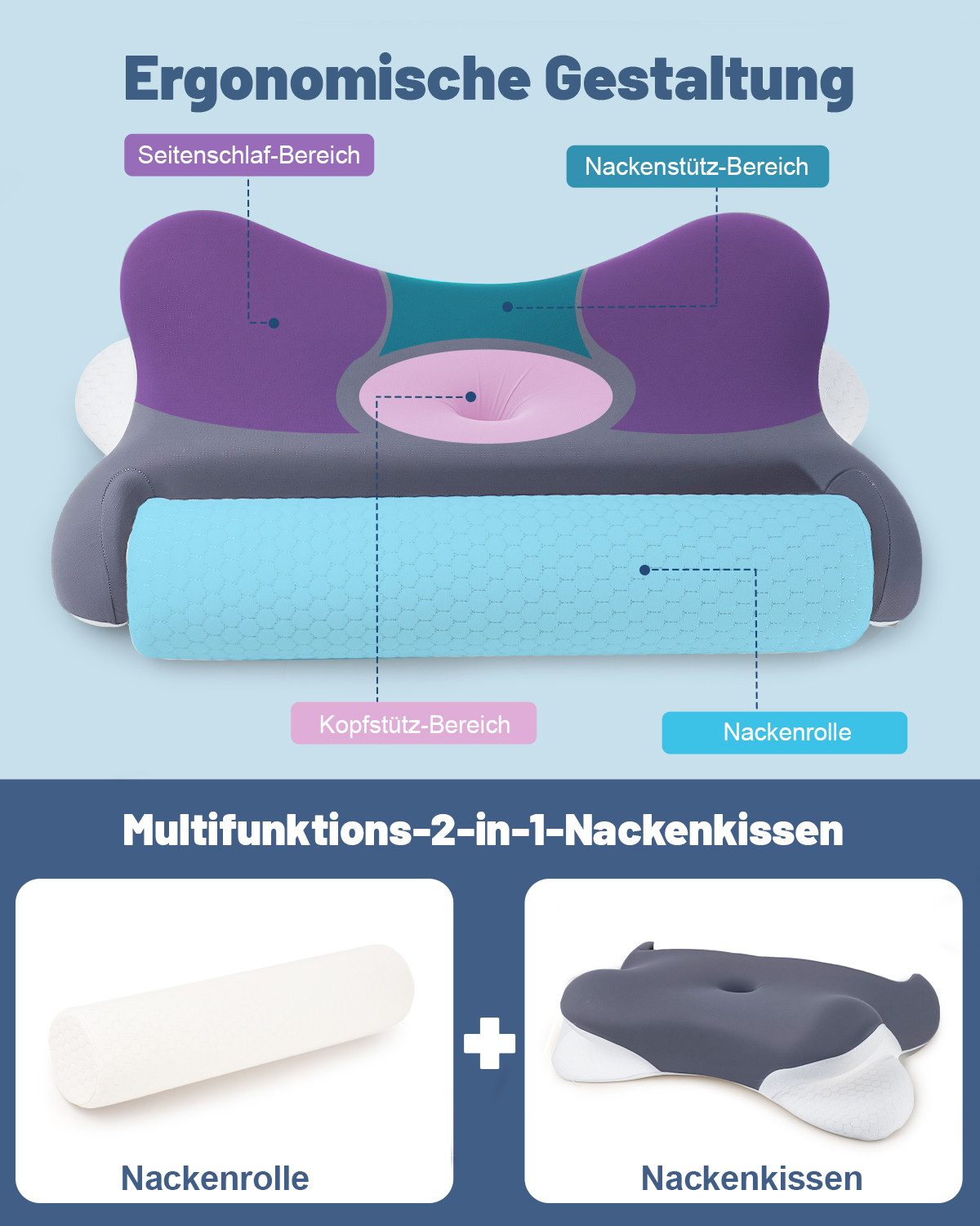 Esun Nackenstützkissen Kopfkissen, 2 in 1 Nackenstützkissen, Ergonomisches Schlafkissen, Füllung: Kissenbezug besteht aus 18% Elasthan und 82% Nylon, Ruckenschlafer, Bauchschlafer, Seitenschlafer, Set, Kissen vom OEKO-TEX® und CertiPUR Getestet, für Seiten Rücken & Bauchschläfer, Nackenkissen