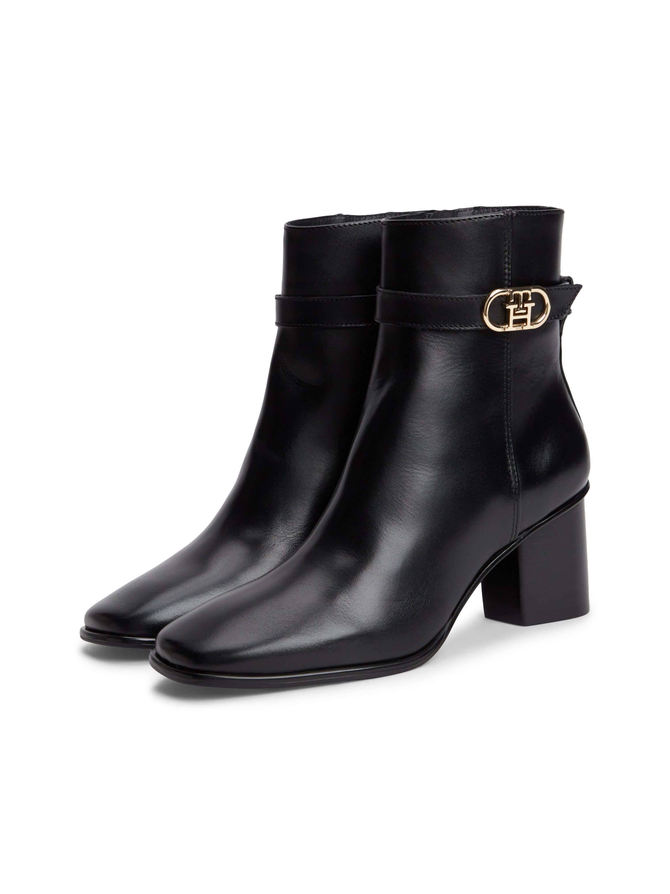 Tommy Hilfiger TH STRAP LEATHER BLOCK HEEL BOOT Stiefelette Herbstschuh, Businessschuh mit goldfarbenem Schmuckelement