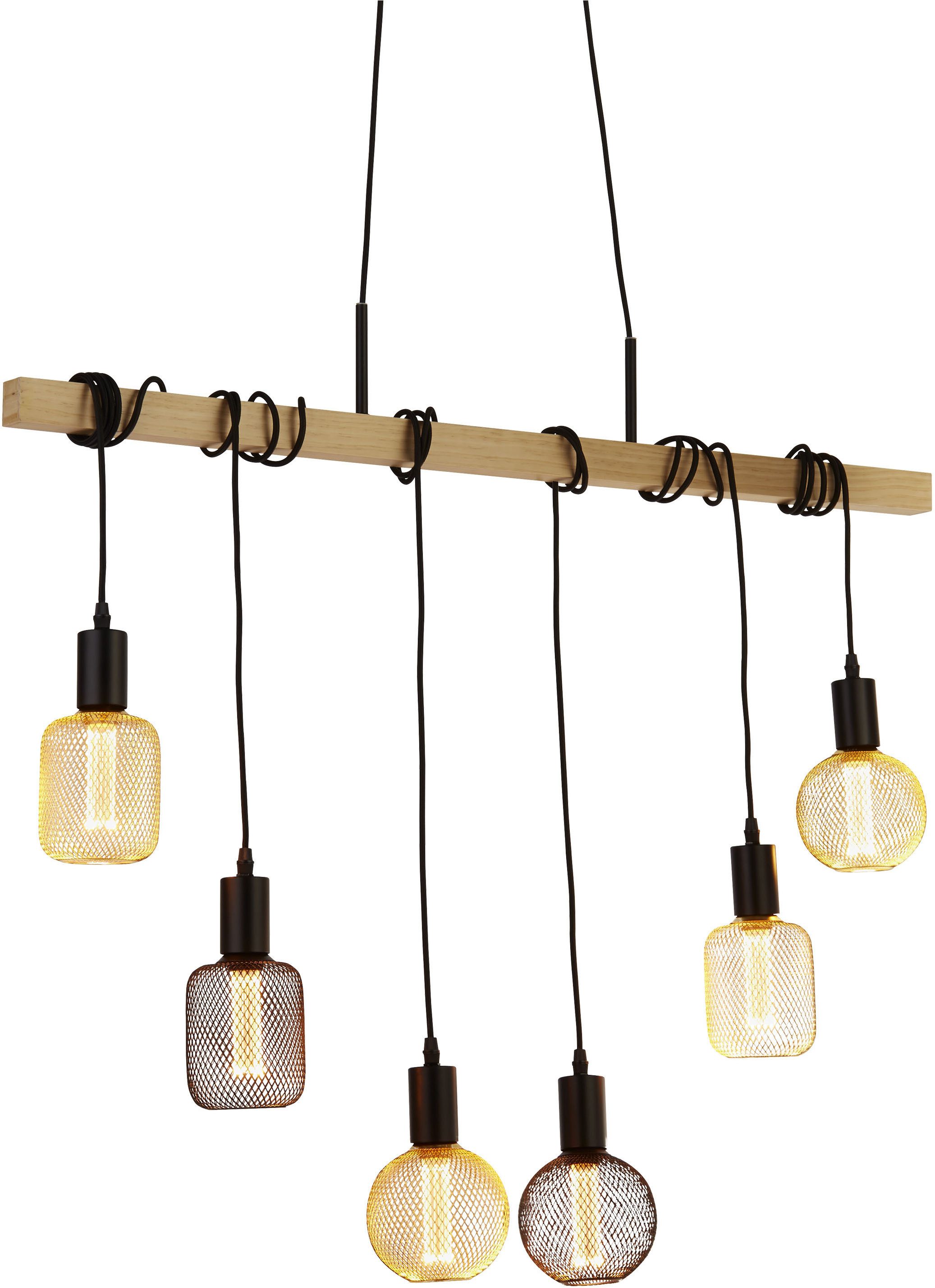 Searchlight Pendelleuchte Woody 6Lt Pendelleuchte - Naturholz & Schwarzes Metall, ohne Leuchtmittel