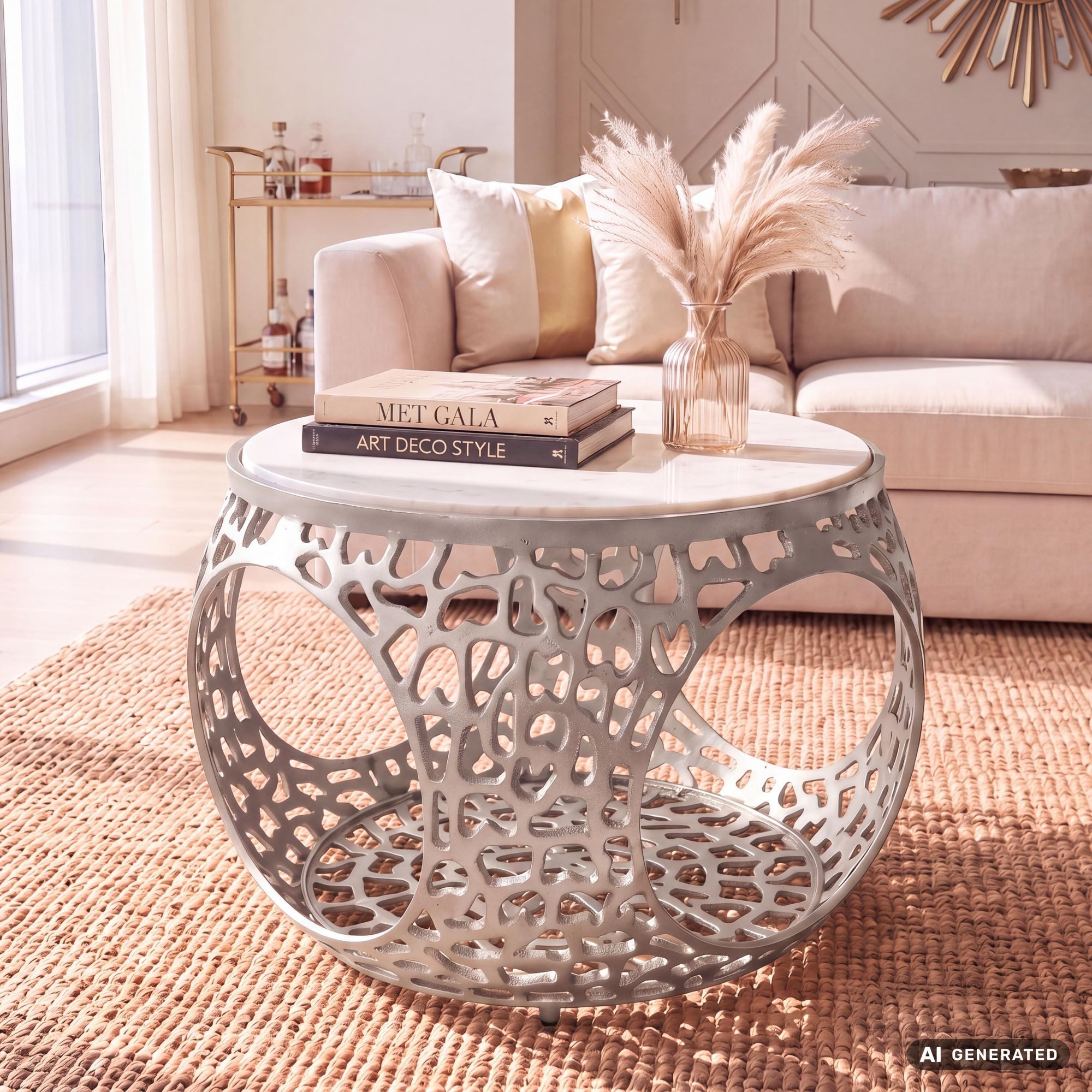 FINEBUY Couchtisch FB73725 Sofatisch Marmor Wohnzimmertisch 60cm rund Tisch Stauraum (Edles Möbelstück mit massiver Gesteinsplatte), Bauchiges Metallgestell als Blickfang