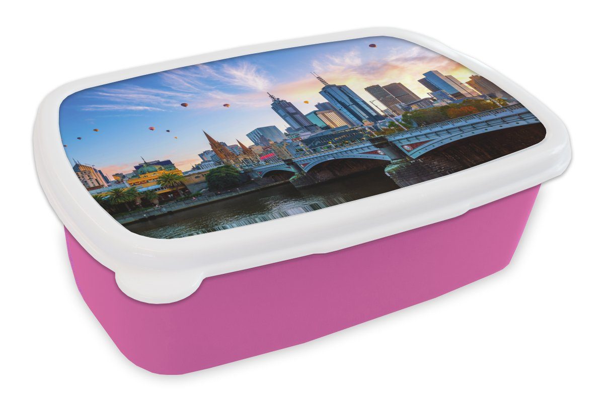 MuchoWow Lunchbox Skyline - Heißluftballon - Stadt, Kunststoff, (2-tlg), Brotbox für Erwachsene, Brotdose Kinder, Snackbox, Mädchen, Kunststoff rosa