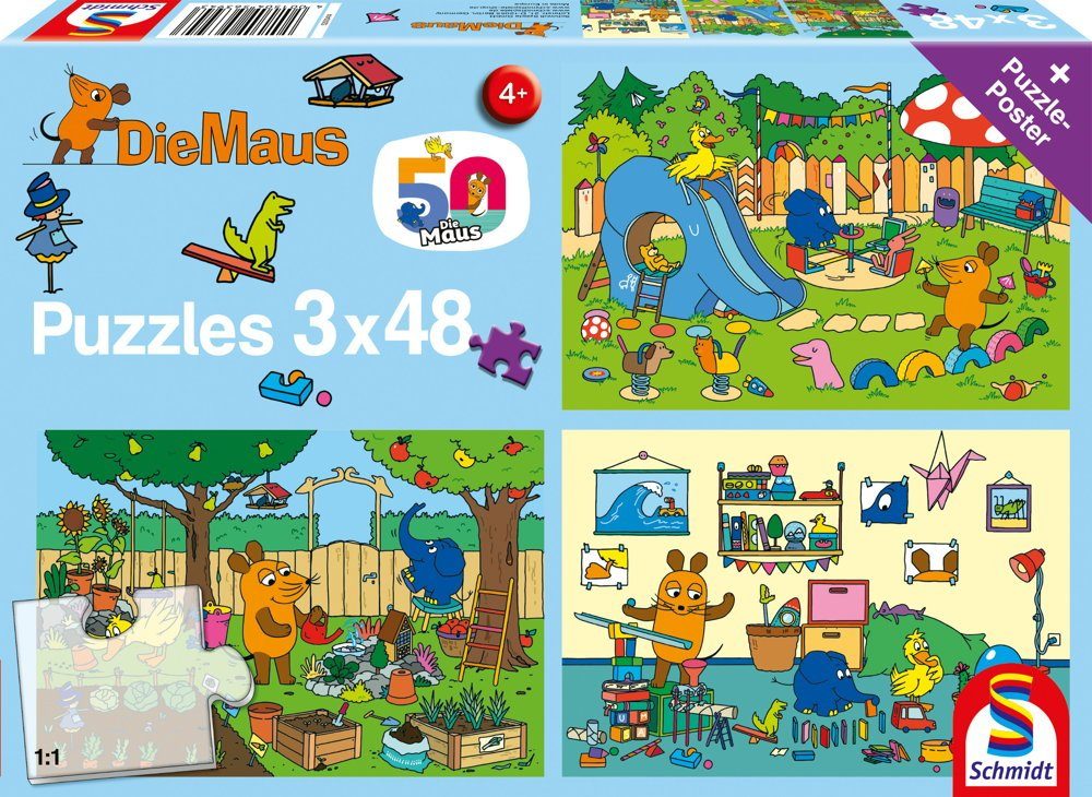 Schmidt Spiele Puzzle 3 x 48 Teile Kinder Puzzle Die Maus Ein Tag mit der Maus 56394, 48 Puzzleteile
