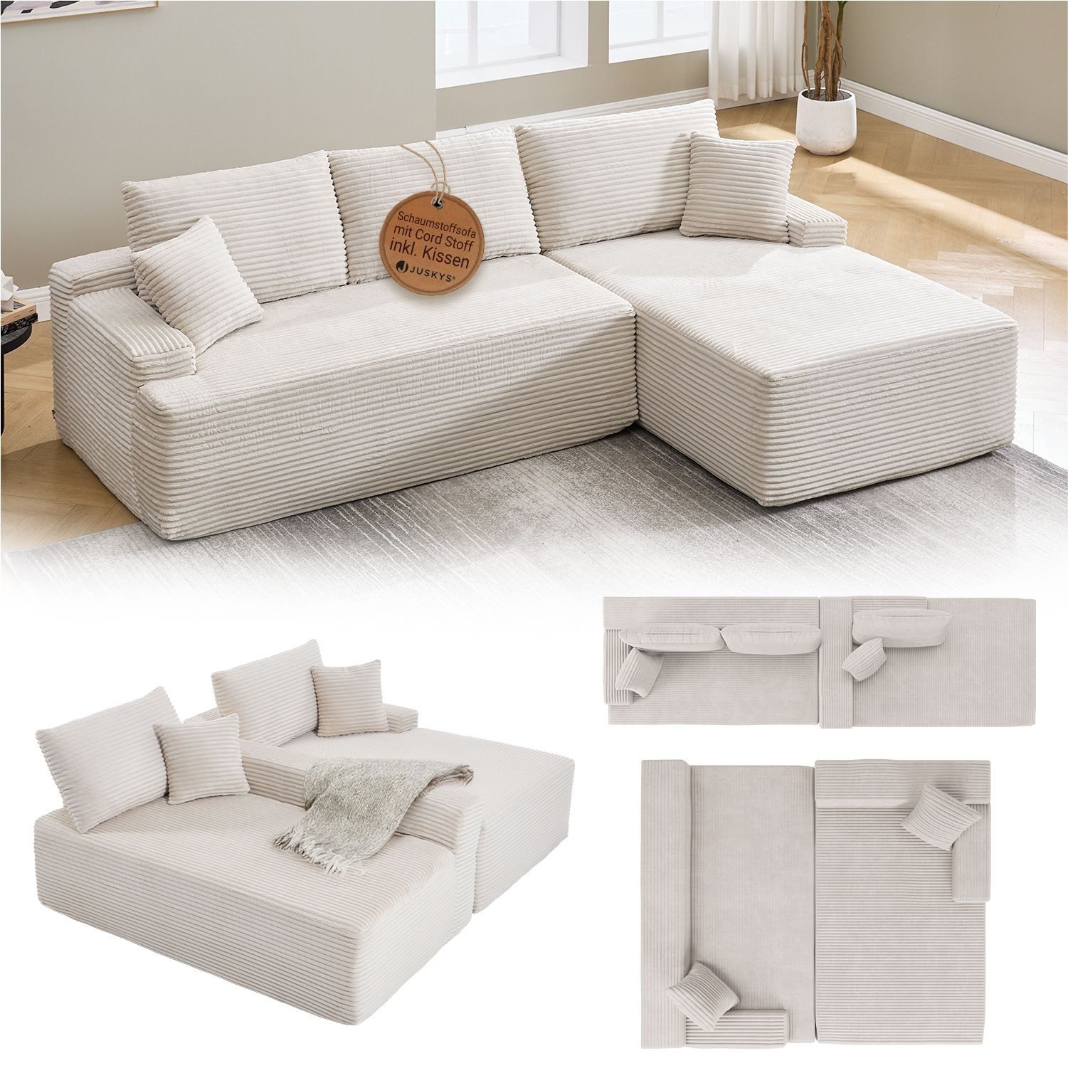Juskys Ecksofa Coredo in Beige mit Ottomane rechts, Cordbezug & Taschenfederkern, Eckcouch modular stellbar mit weichen Kanten, 250 x 155 cm, bis 500 kg