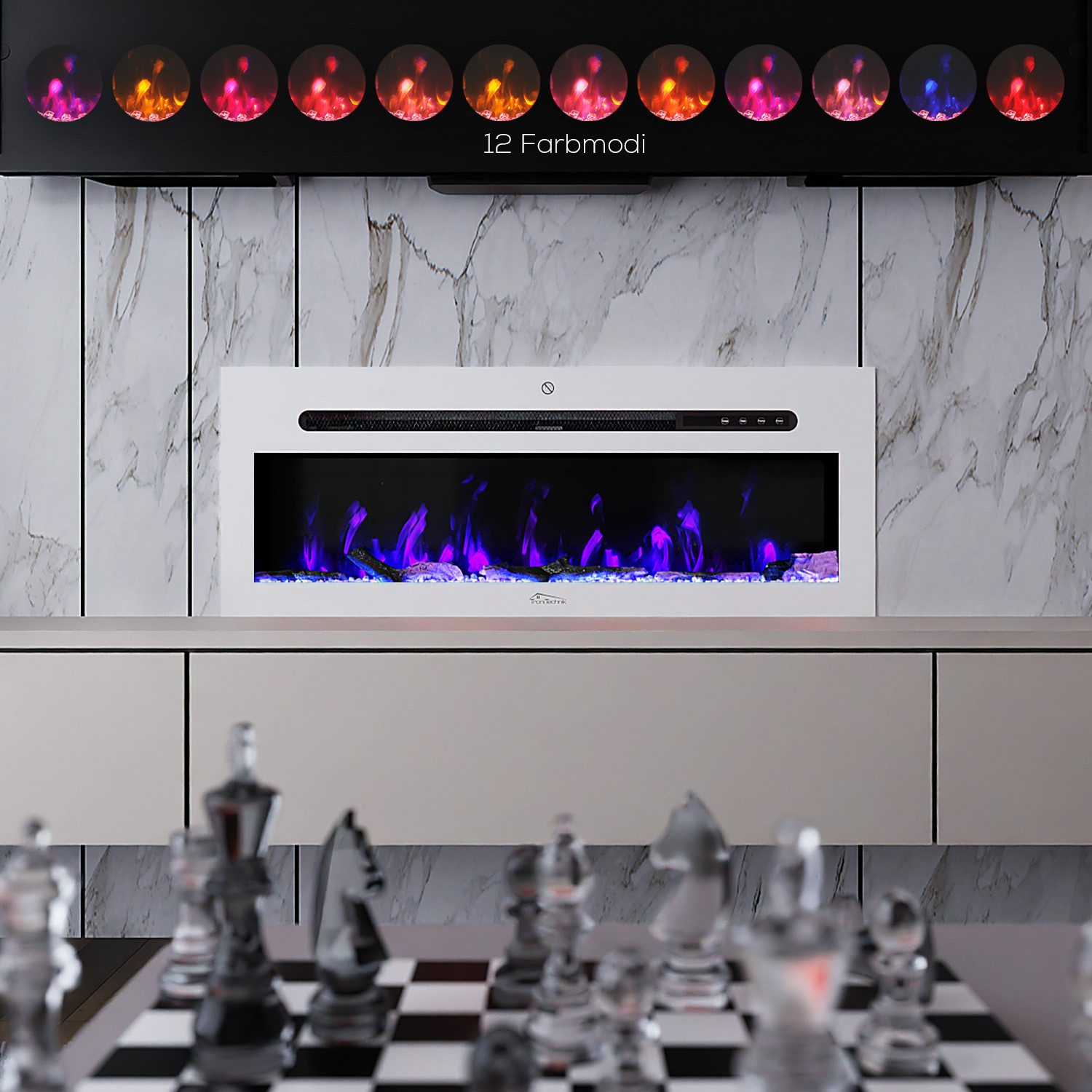 TroniTechnik Elektrokamin Wandkamin elektrisch 900/1800W, LED Flammeneffekt, App, Timer, weiß, Elegant, platzsparend, dekorativ nutzbar, smart steuerbar, zuverlässig