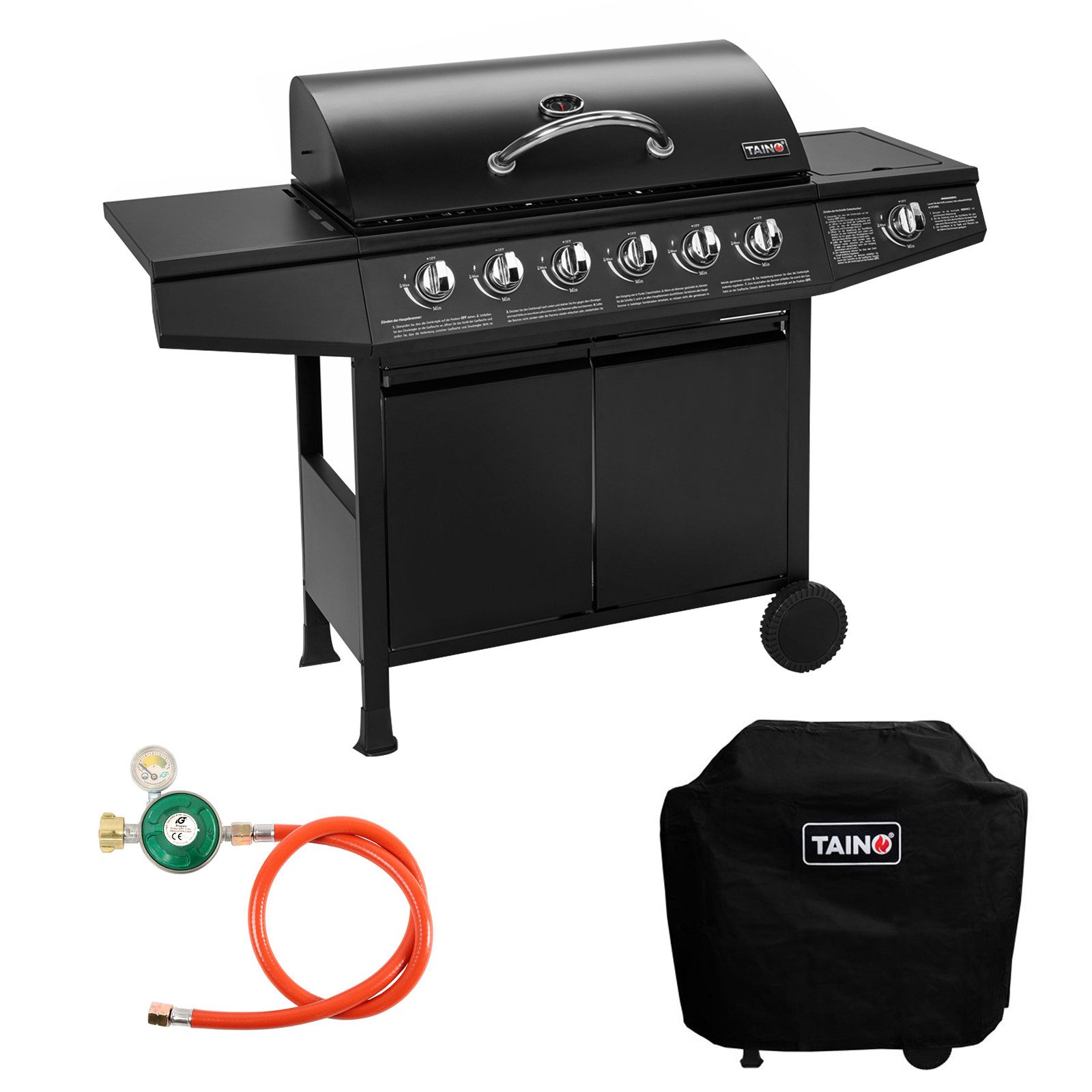 TAINO Gasgrill BASIC 6+1, Gasgrill mit Abdeckhaube, Gasregler und Gasschlauch, 6 Hauptbrenner aus Edelstahl, Seitenbrenner, Piezozündung