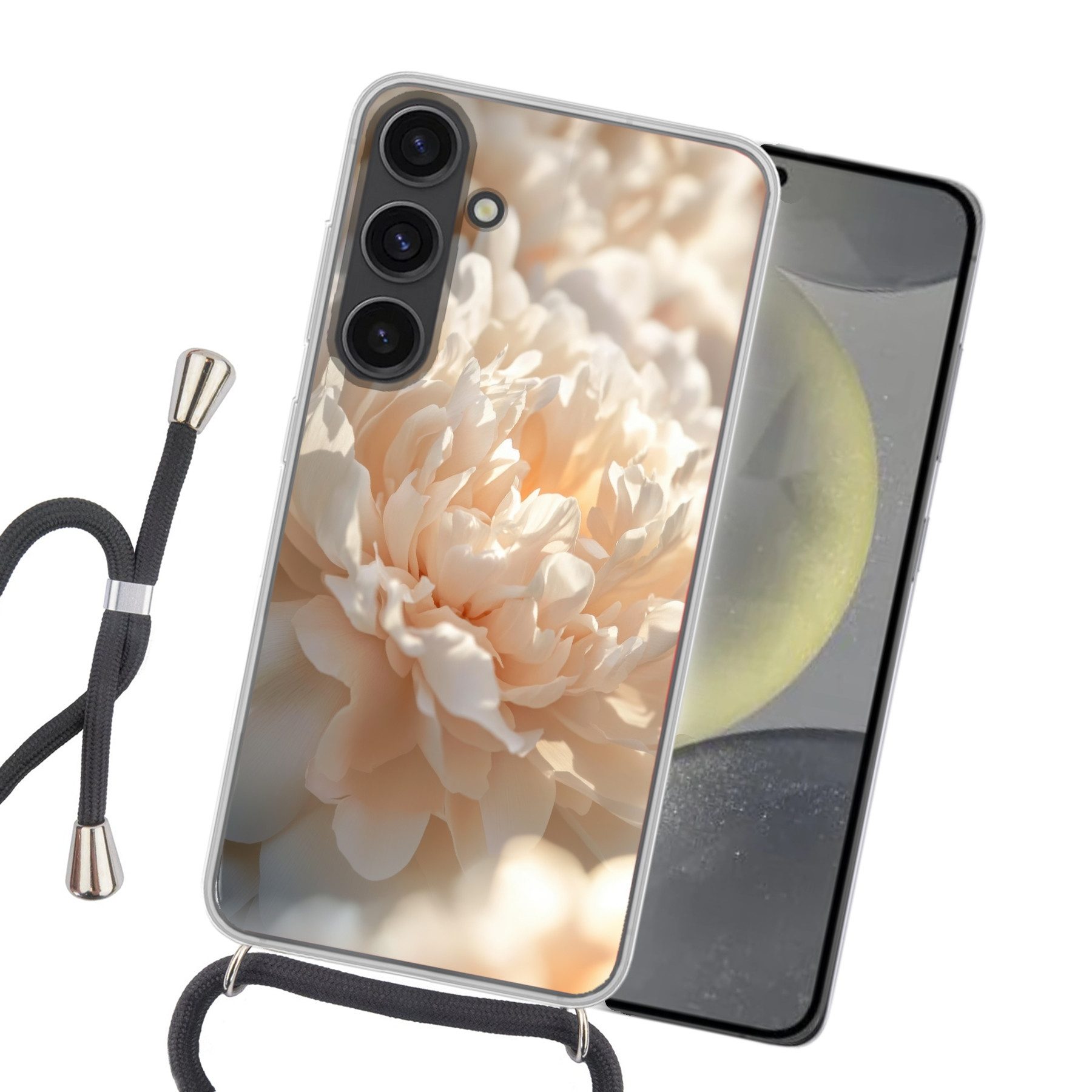 MuchoWow Handyhülle für Samsung Galaxy S24 Plus Nahaufnahme - Pfingstrose - Hellrosa, Tragbare Handyhüllen mit Kette zum umhängen, Handykette Handyband