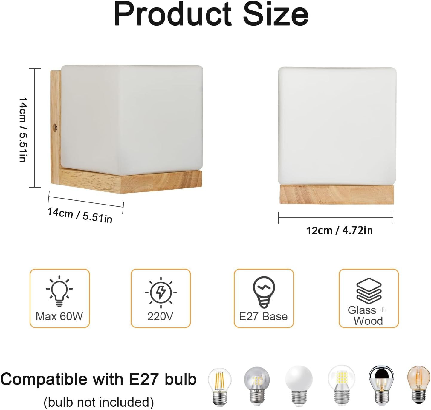 Riserva Wandleuchte E27 Wandleuchte aus Holz & Glas, 14cm für Wohnzimmer Schlafzimmer Flur, LED wechselbar