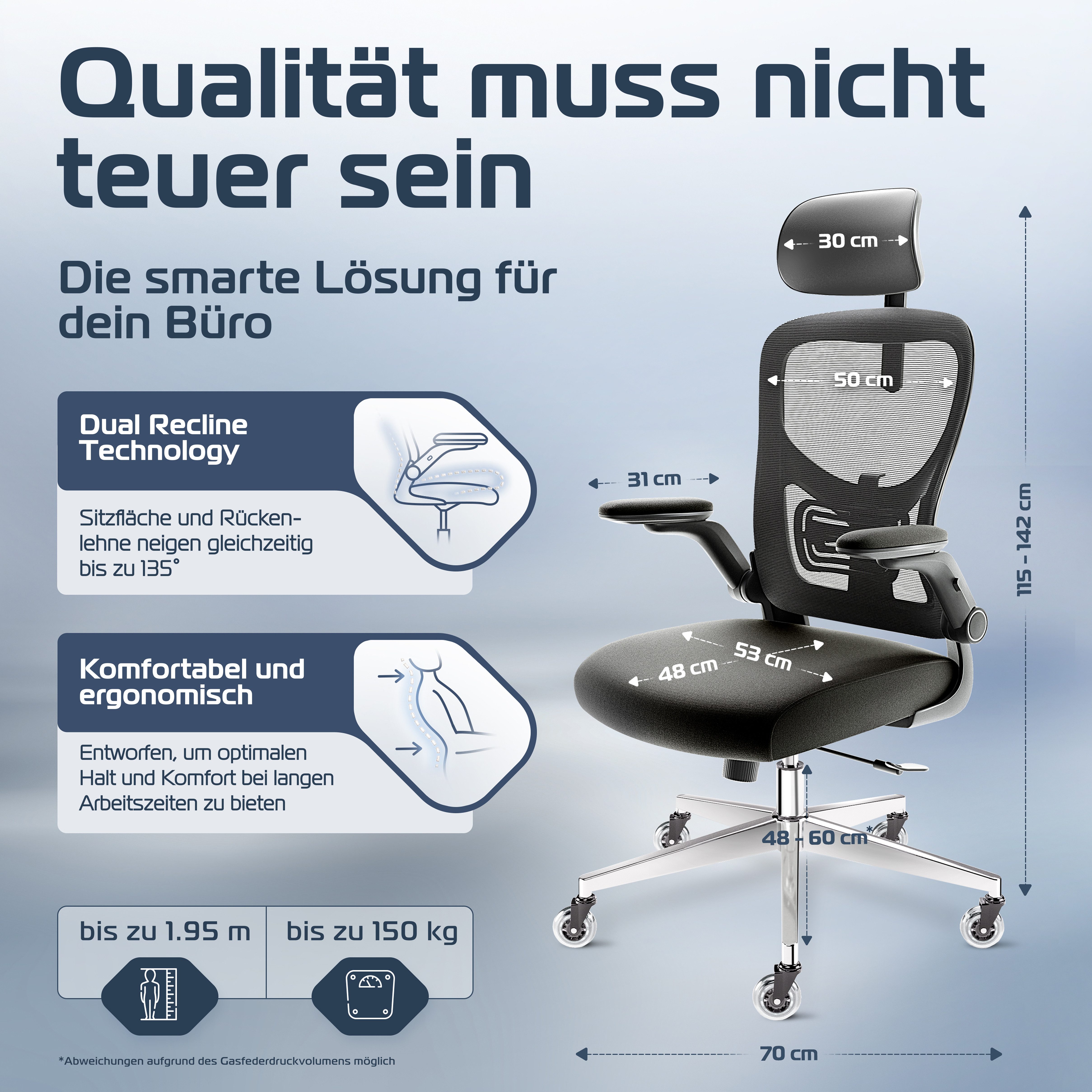 CLOUVOU Bürostuhl Ergonomisch, Schreibtischstuhl bis 150 kg - Testsieger (SmartSeat - Chefsessel für Arbeitszimmer, 3D-Kopfstütze & Flip-Up Armlehnen), Blade Wheels, Homeoffice, Gaming Stuhl, Drehstuhl