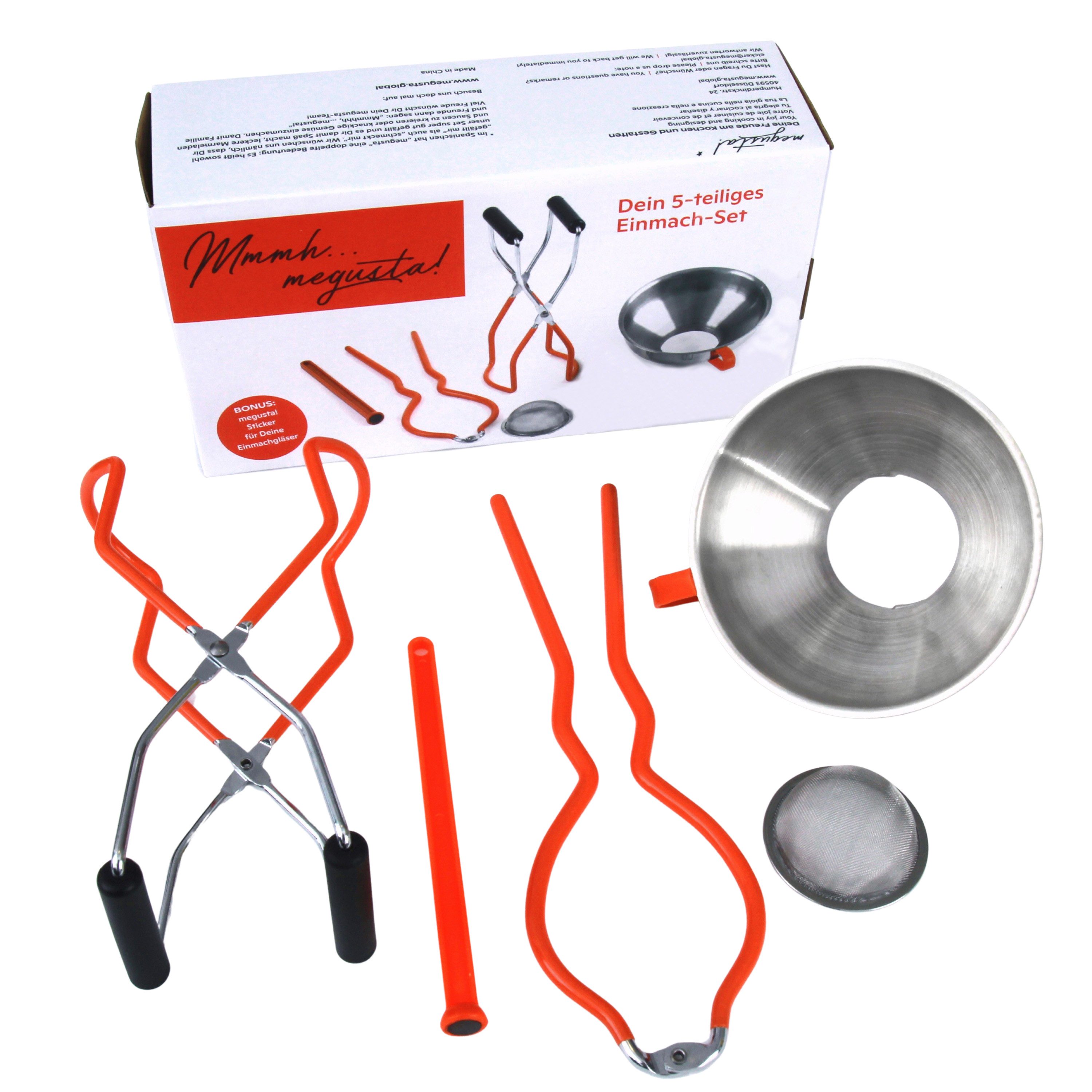 megusta! Trichter Einmachset: Trichter Edelstahl, Glasheber, Glasöffner, Sieb, Magnet, (5-tlg), zum Einmachen, Einkochen, Umfüllen, Abfüllen, Portionieren, Bevorraten