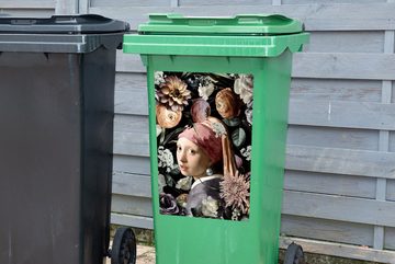 MuchoWow Wandsticker Mädchen mit Perlenohrring - Blumen - Vermeer - Pastell - Kunstwerk - (1 St), Mülleimer-aufkleber, Mülltonne, Sticker, Container, Abfalbehälter