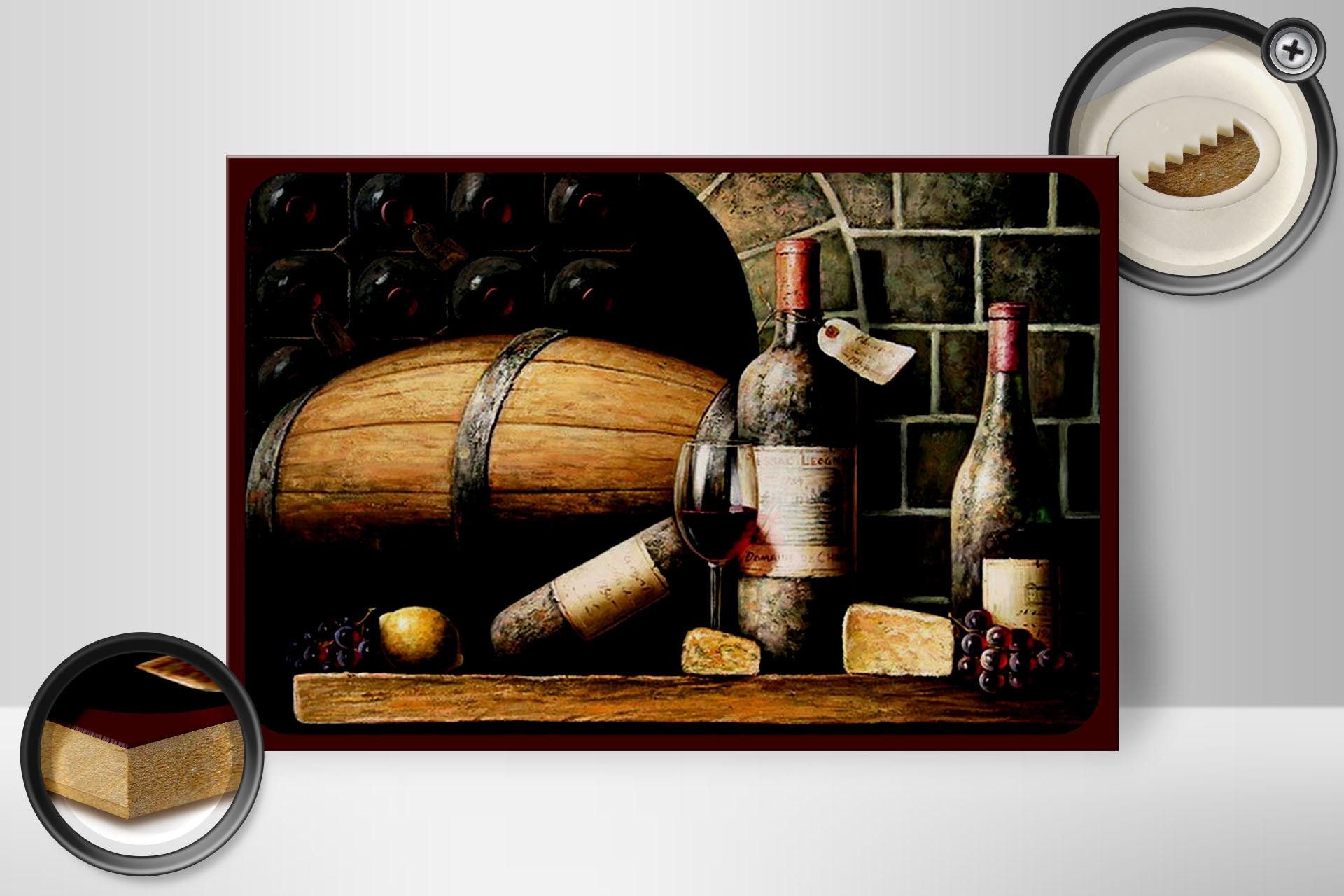 Femer GmbH Holzbild Retro 20x30 cm Rotwein Weinfass Weintrauben, (1 St), Glatte Holzfaserplatte (MDF), vorn beschichtet