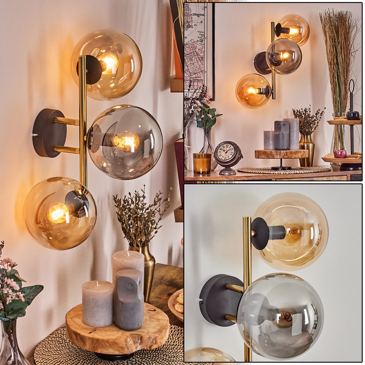 hofstein Wandleuchte Wandlampe aus Metall/Glas in Schwarz/Gold/Bernstein/Rauch, moderne Wandleuchte im Retro/Vintage-Design (Schirme 15 cm), E14