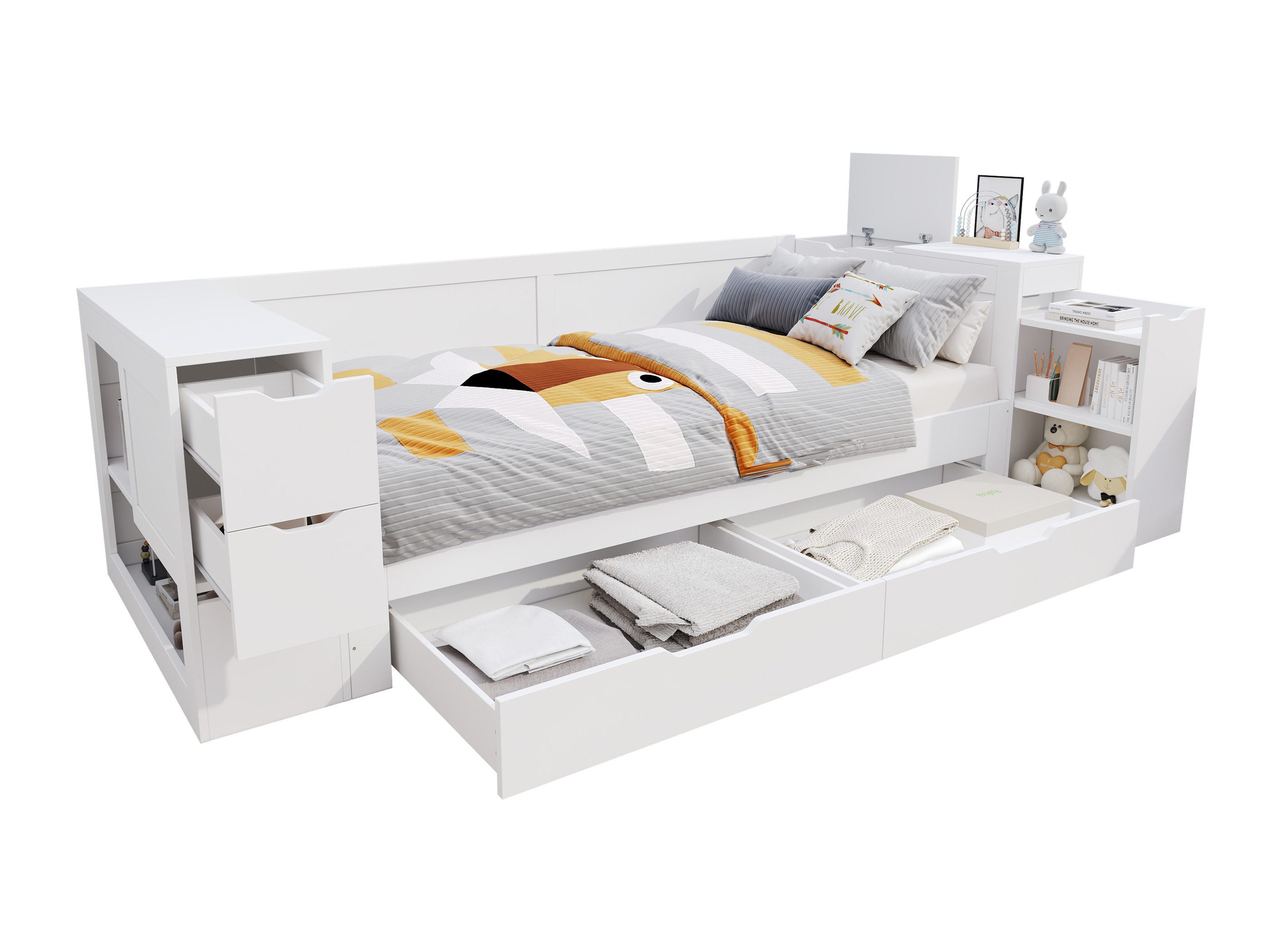 SeedWave Daybett Holzbett mit Stauraum, Ausziehbares Regal im Kopfteil, 90/140×200cm, Aufbewahrungskasten mit Klappdeckel