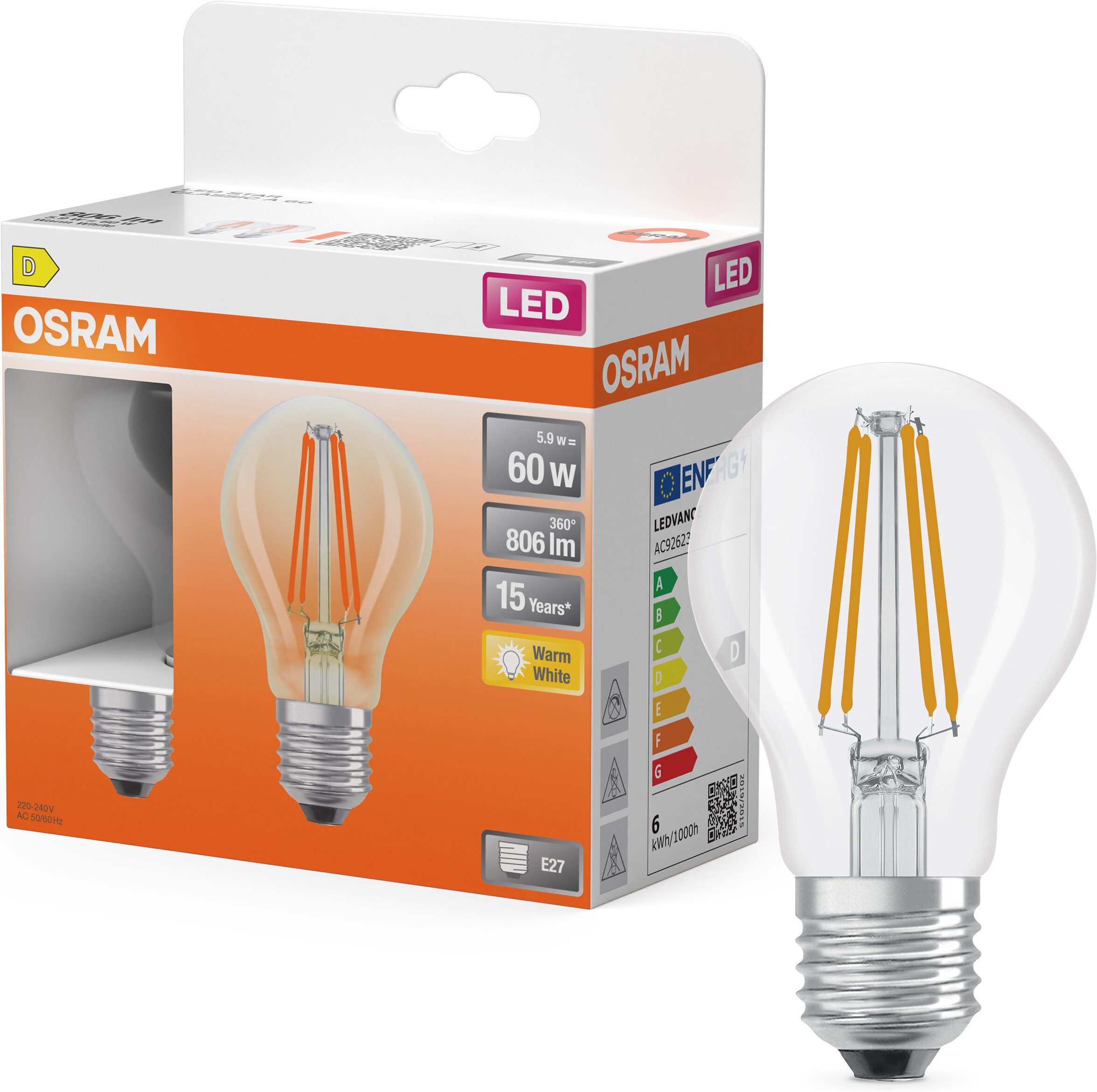Osram LED-Leuchtmittel LED-Lampe Star Kolbenform A60, E27, 2 St., Warmweiß