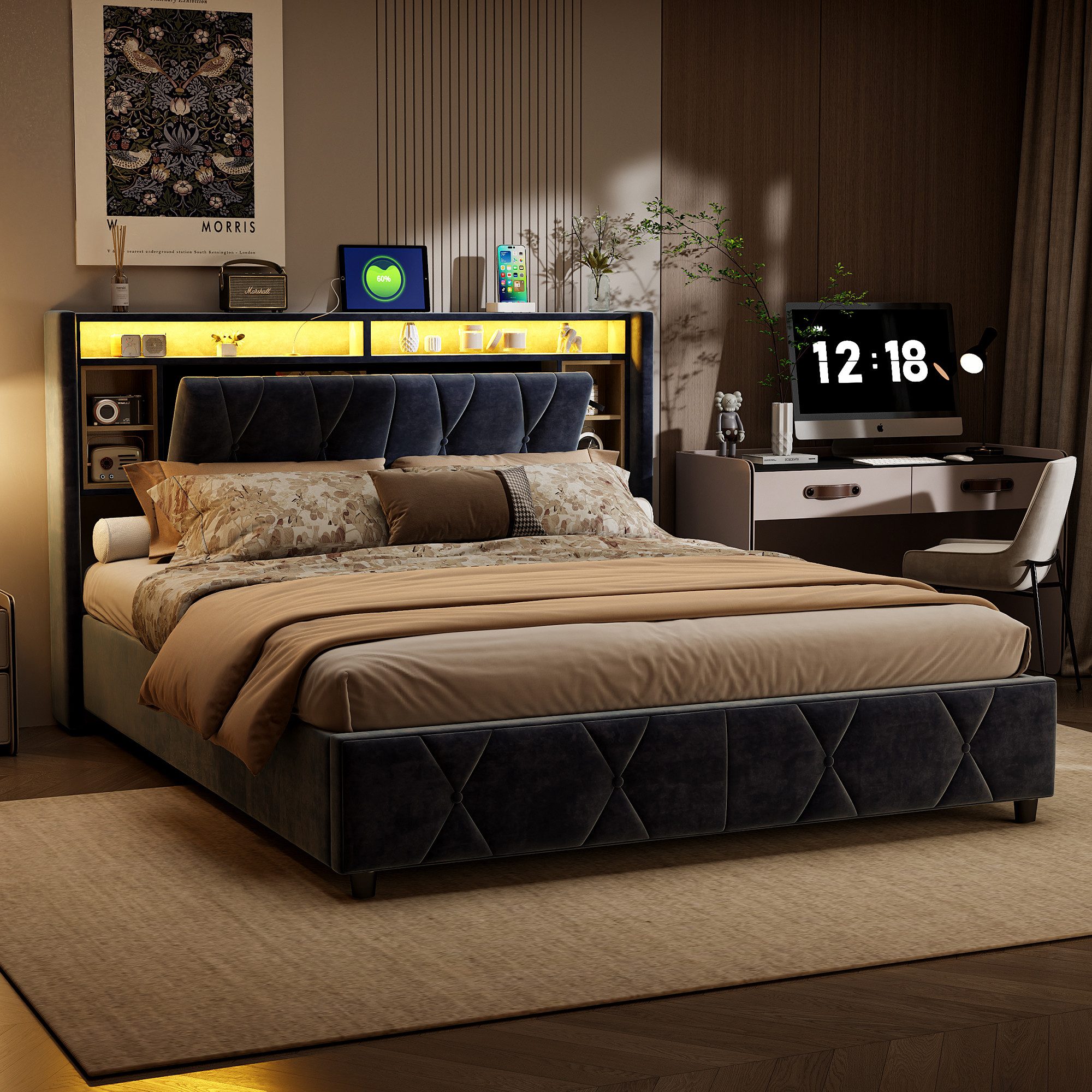 PXloue Stauraumbett Polsterbett LED hydraulisches Doppelbett, mit versteckt günstig online kaufen