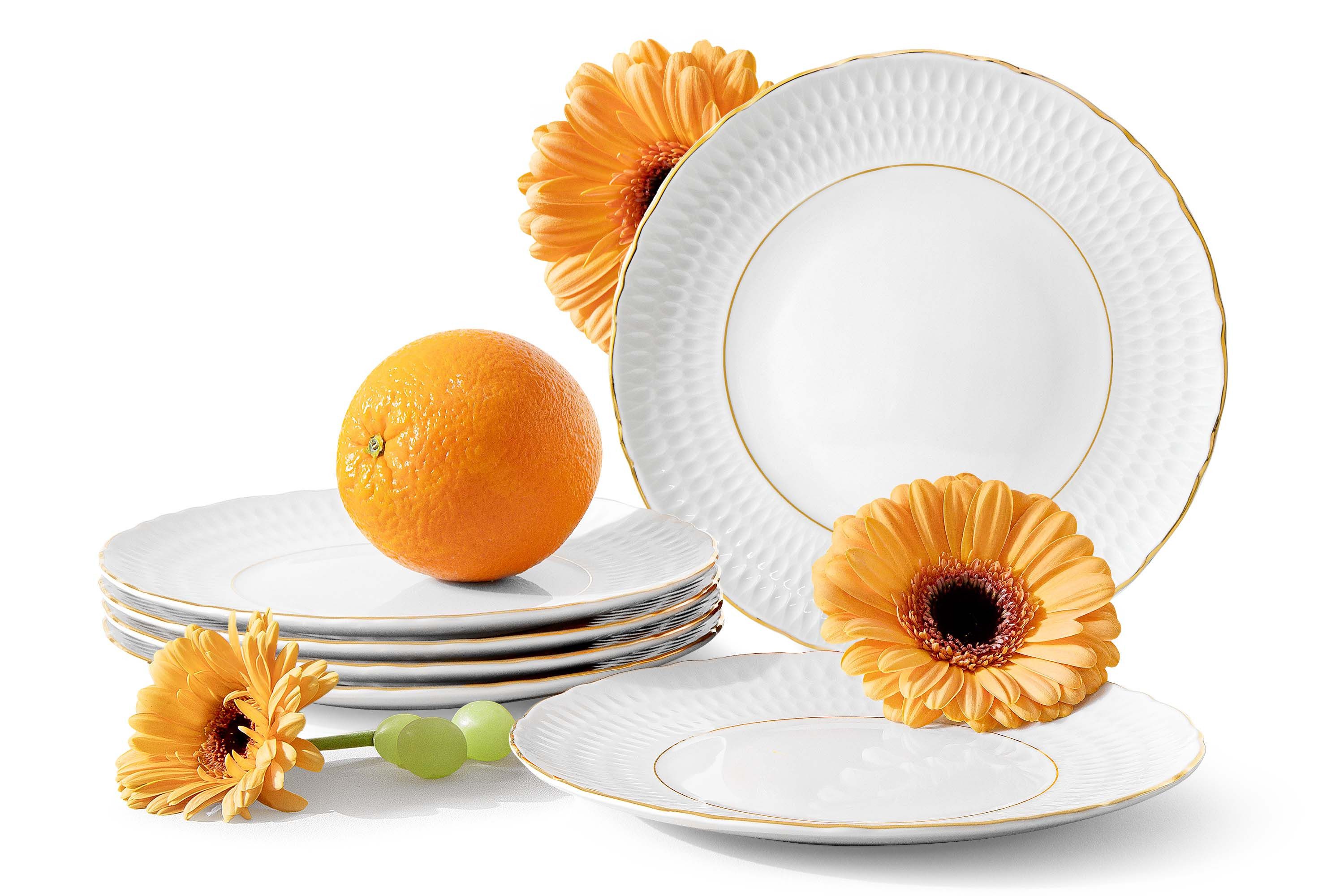 KONSIMO® Тарелки-Set CMIELOW SOFIA Tafelservice, Hochwertiges Premium-Porzellan (6-tlg), 6 Personen, Porzellan, handgemalte Dekoration in echtem Gold, 6x Dessertteller