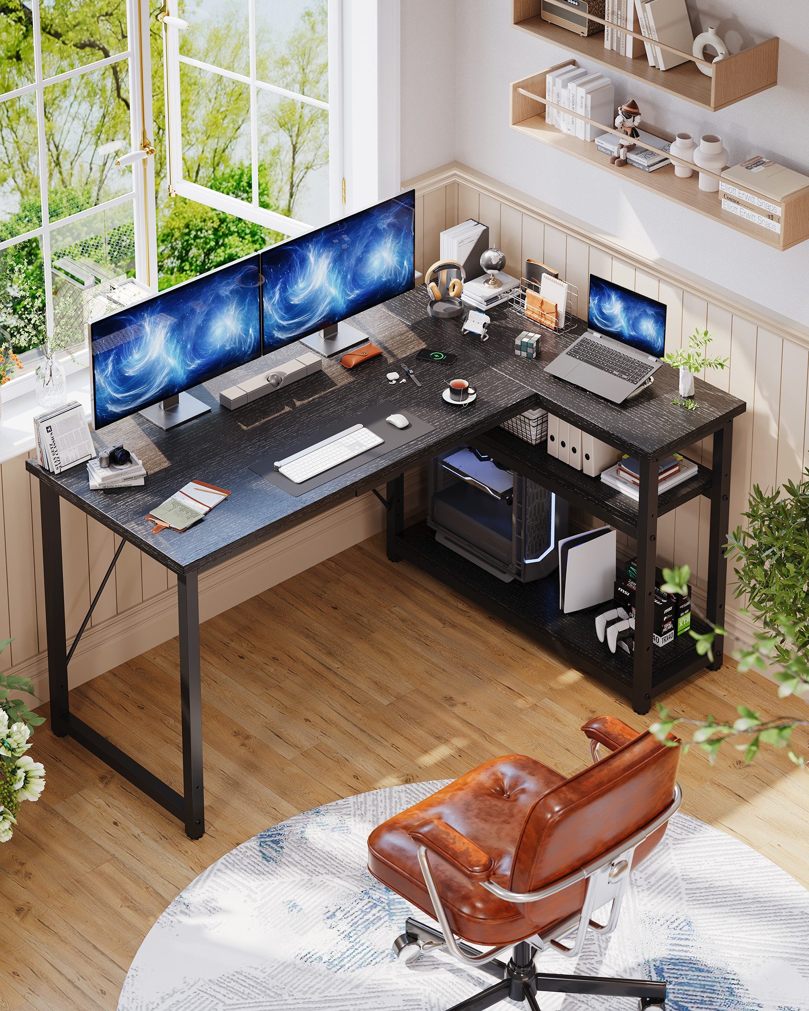 GUNJI Eckschreibtisch Eckschreibtisch Umkehrbarer L-förmiger Computer schreibtisch mit Hutch (Maße: 1 m/1,2 m/1,4 m/1,6 m, Schreibtisch mit verstellbaren Einlegeböden)