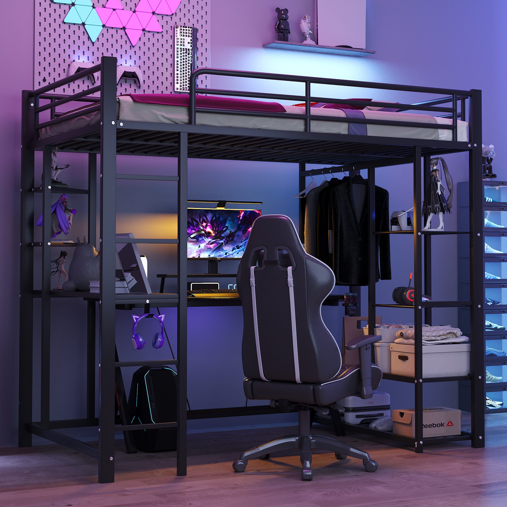 Flieks Hochbett Kinderbett Metallbett 90x200cm mit Tisch und Stauraum günstig online kaufen