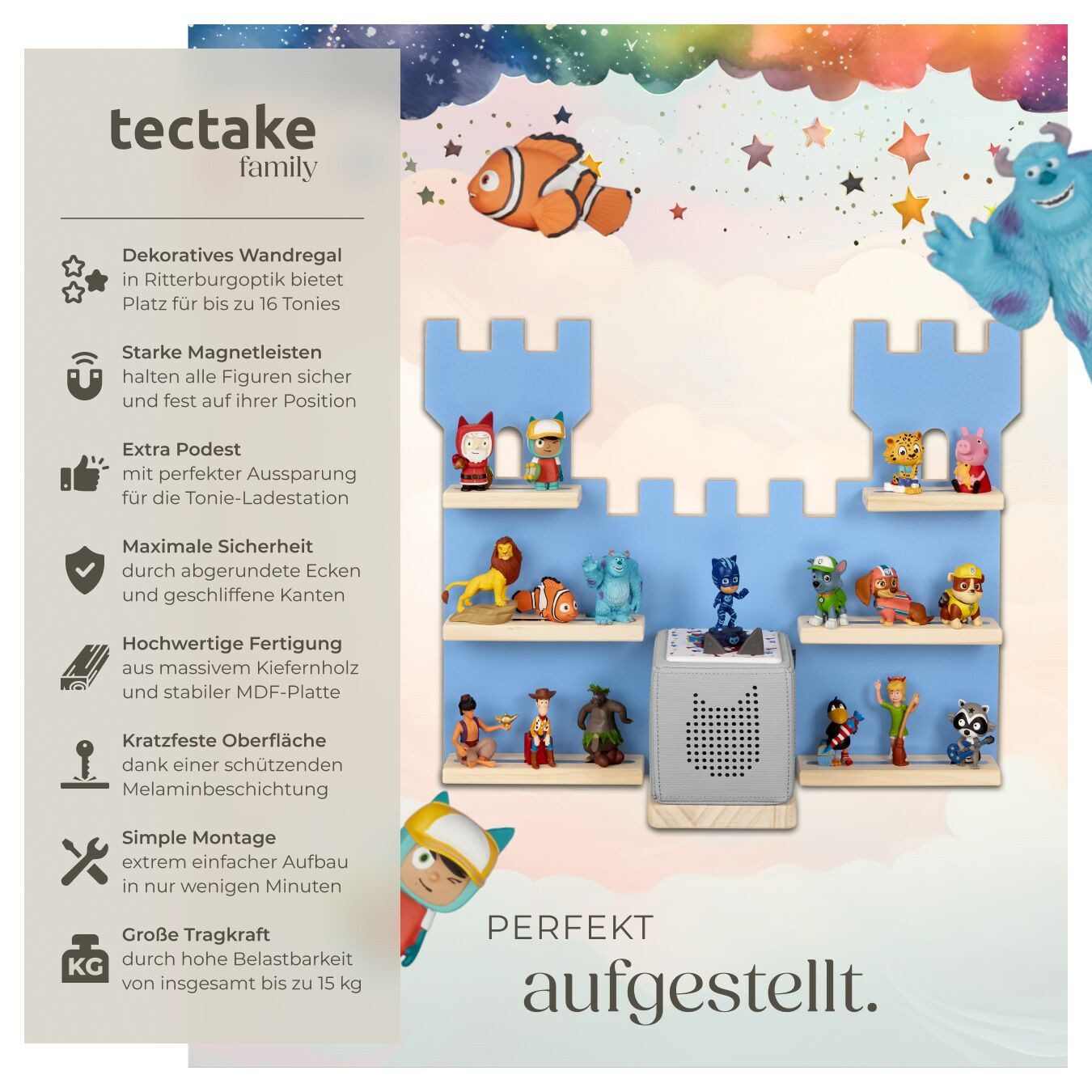 tectake Wandregal Kinderregal Burgoptik für 16 Tonies, Metallstreifen, abgerundete, Tonie Regal MyLittleStory Fortress 1-tlg., unsichtbare Aufhängung, integrierte Kabelführung, Inkl. Podest