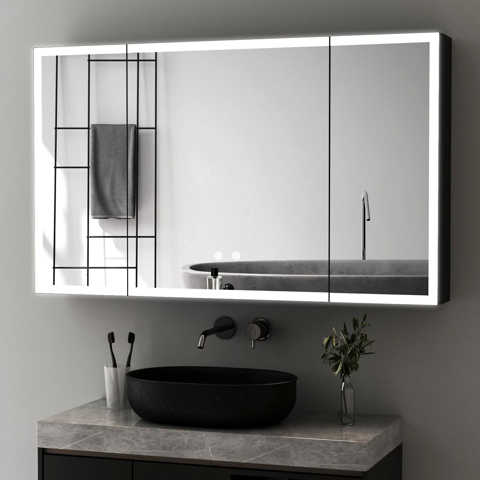 WDWRITTI Spiegelschrank Alu 3-türig 100x60 90x60cm Badezimmerspiegelschrank Schwarz 3Lichtmodi (Badschrank Schwarz matt Anti-Fog Dimmbar, Alu-Schranktür, Stahl Schrank-Korpus, Doppel Spiegel, Speicherfunktion) mit Netzadapter, vormontiert geliefert,2 Installation