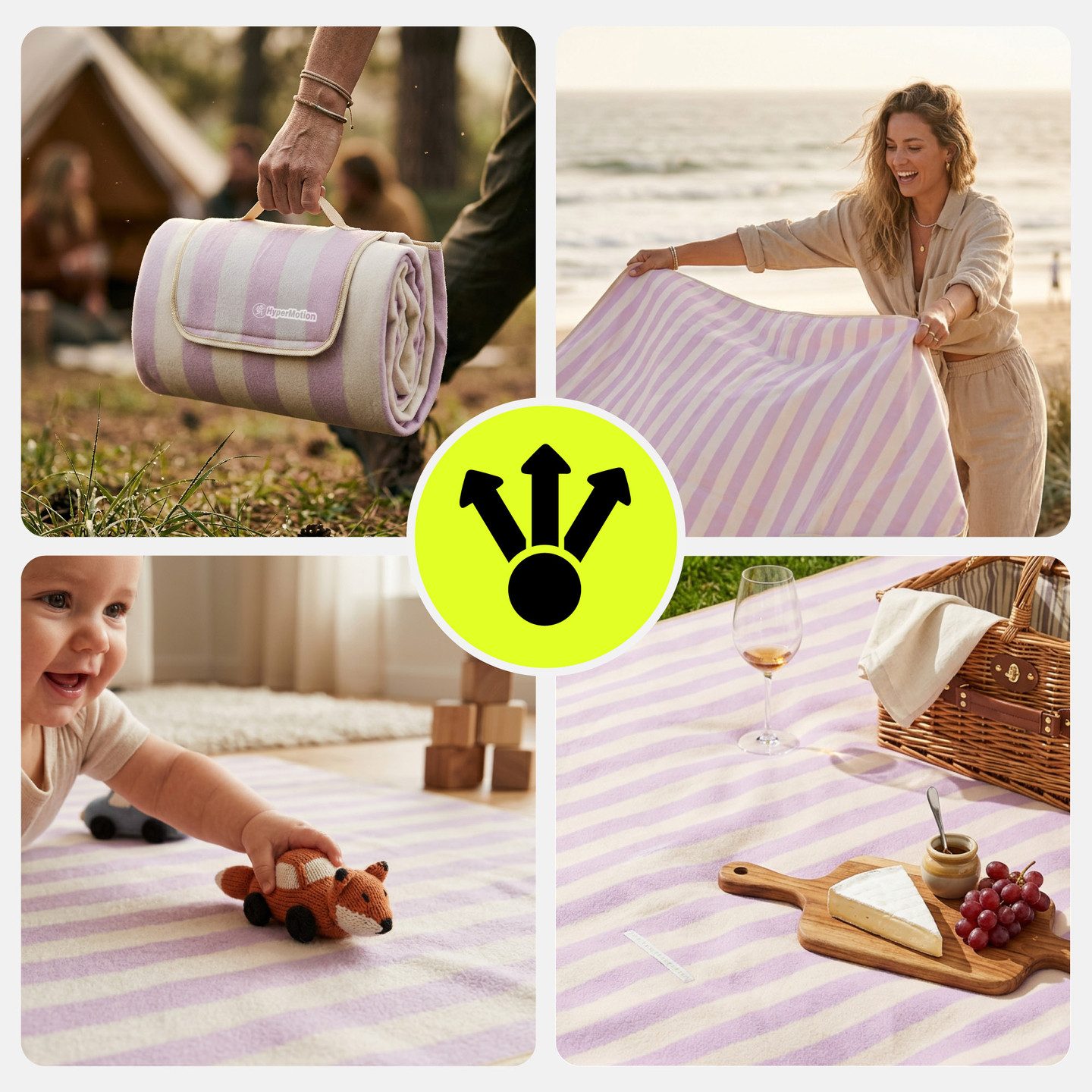 Outdoordecke HyperMotion XXL Picknickdecke 200x200 cm wasserdicht Lila gestreift, HyperMotion