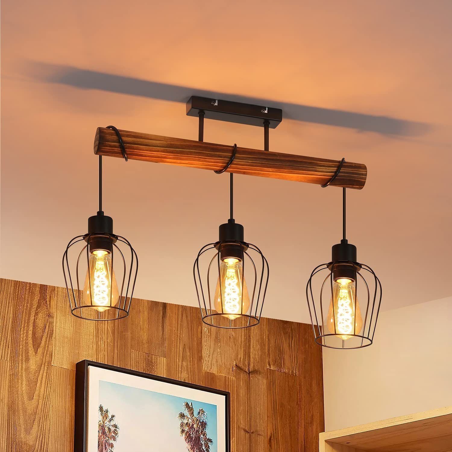 Holzhöhenverstellbar, Deckenleuchte mit Kabel wechselbar Retro Nettlife LED E27 3 flammige