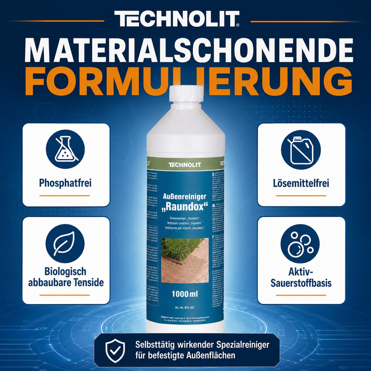 TECHNOLIT® Außenreiniger Raundox 1L Terrassenreiniger Steinreiniger Hofreiniger Universalreiniger