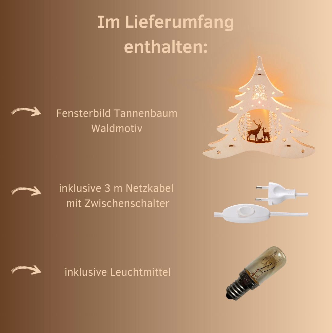 Weigla Dekobaum beleuchtetes Fensterbild Tannenbaum Waldmotiv,NATUR-BRAUN (1 St), Erzgebirge garantiert, Weihnachtsdeko Innen, Weihnachtsbeleuchtung
