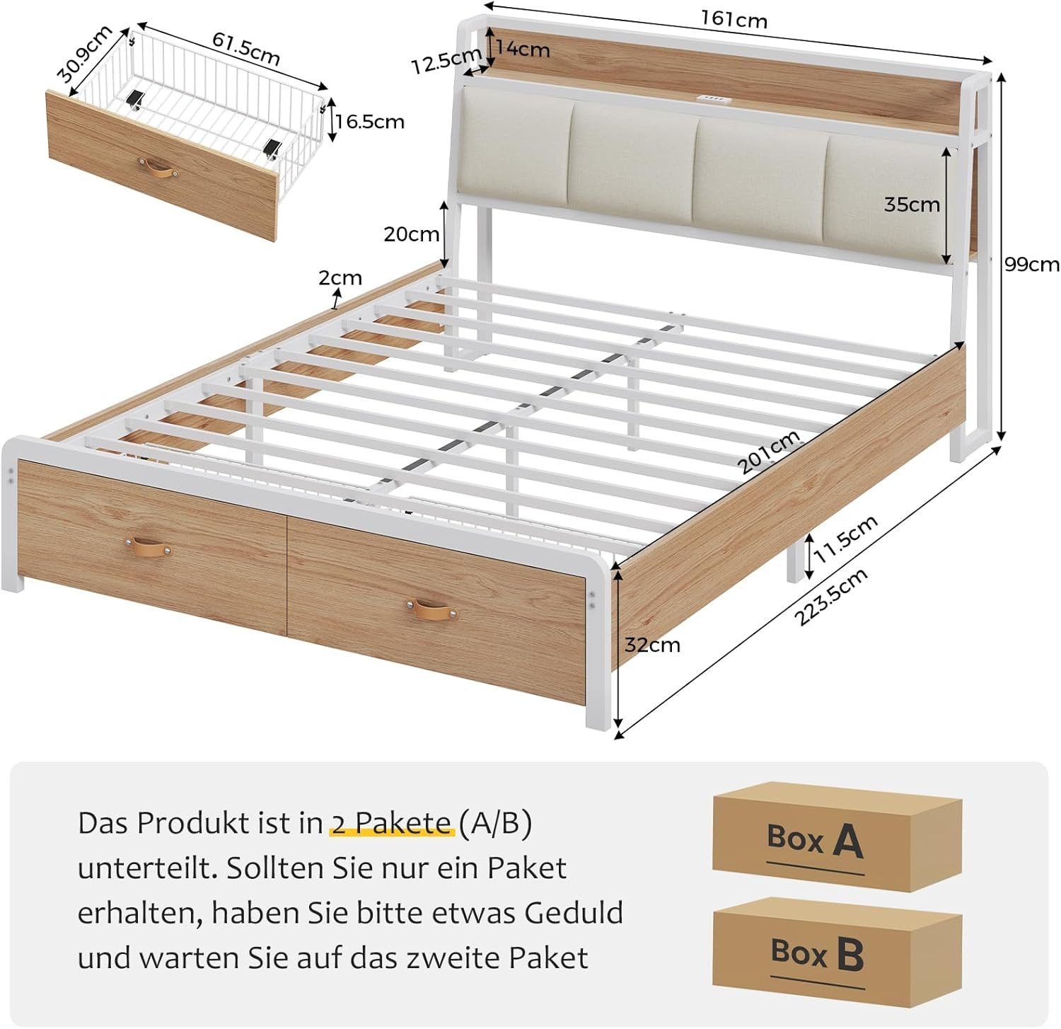 KIMENICH Metallbett Bettgestell mit Ladestation und 2 Schubladen, Jugendbet günstig online kaufen