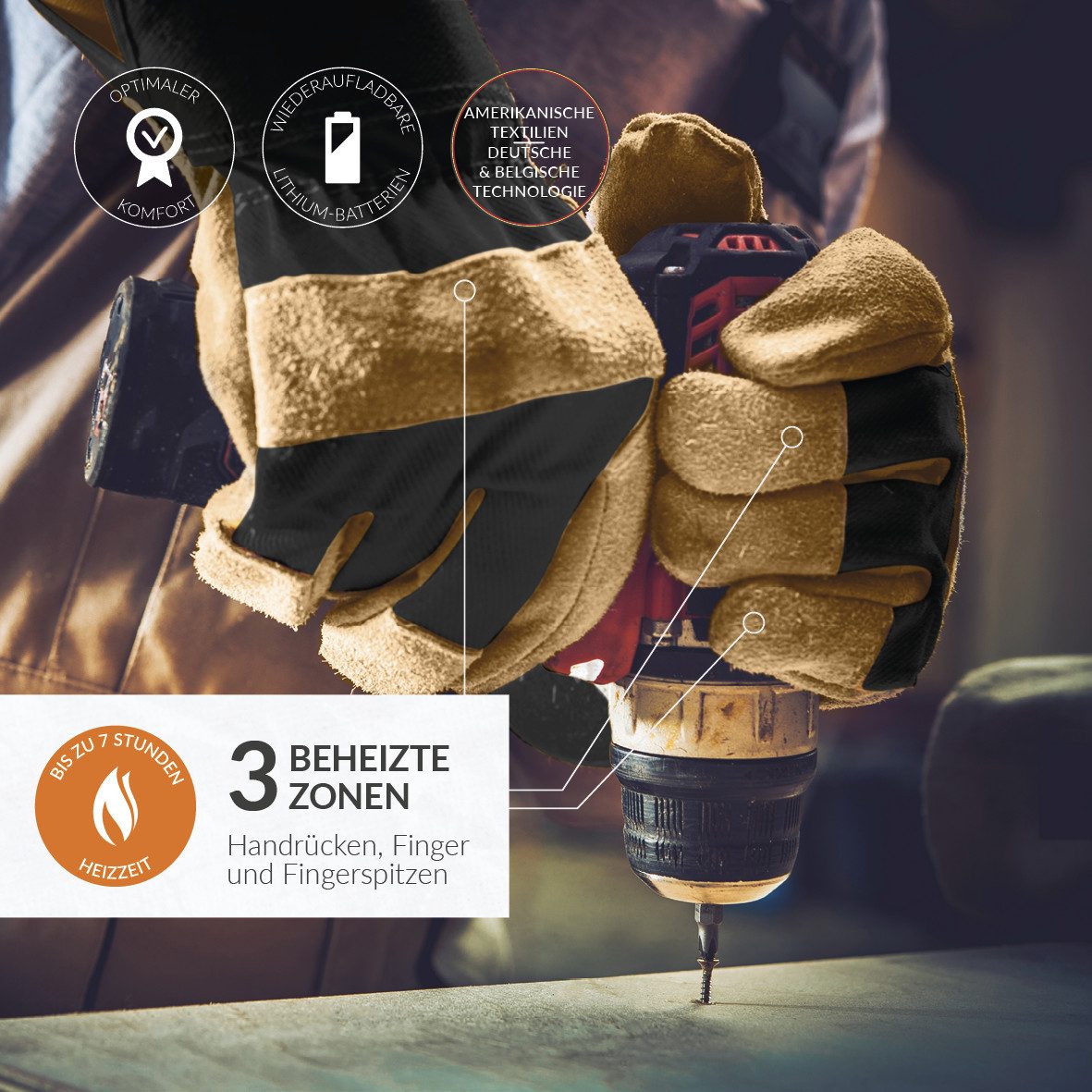 30seven Arbeitshandschuhe beheizte Lederarbeitshandschuhe - braun/schwarz 7,4V Set inkl. 2 Akkus & Doppelladegerät