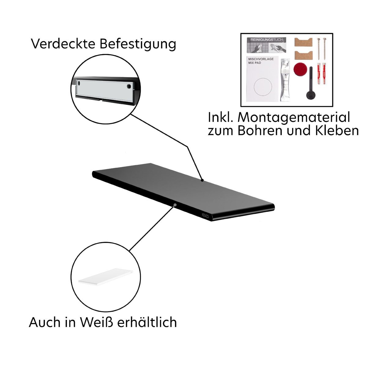 Keuco Duschablage ROSE, 33 cm, Aluminium, schwarz matt, Made in Germany, zum Kleben/Schrauben