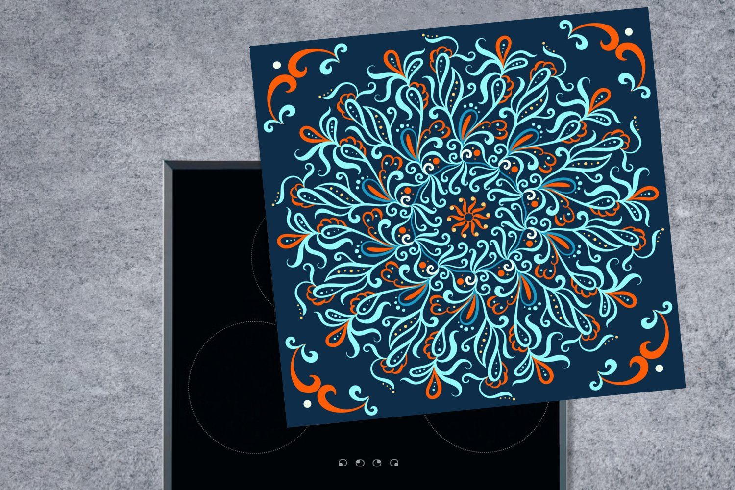 Herdblende-/Abdeckplatte - für tlg), 78x78 Arbeitsplatte Blau Ceranfeldabdeckung, Muster, (1 Mandala cm, MuchoWow - Vinyl, küche
