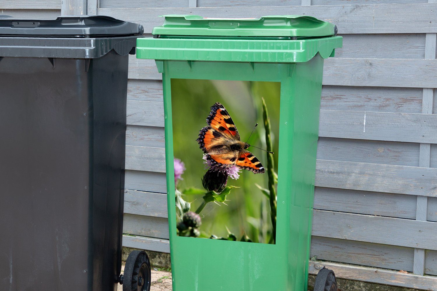 Container, Mülleimer-aufkleber, St), Abfalbehälter - Wandsticker Sticker, (1 Schmetterling MuchoWow Blumen Orange - Mülltonne,