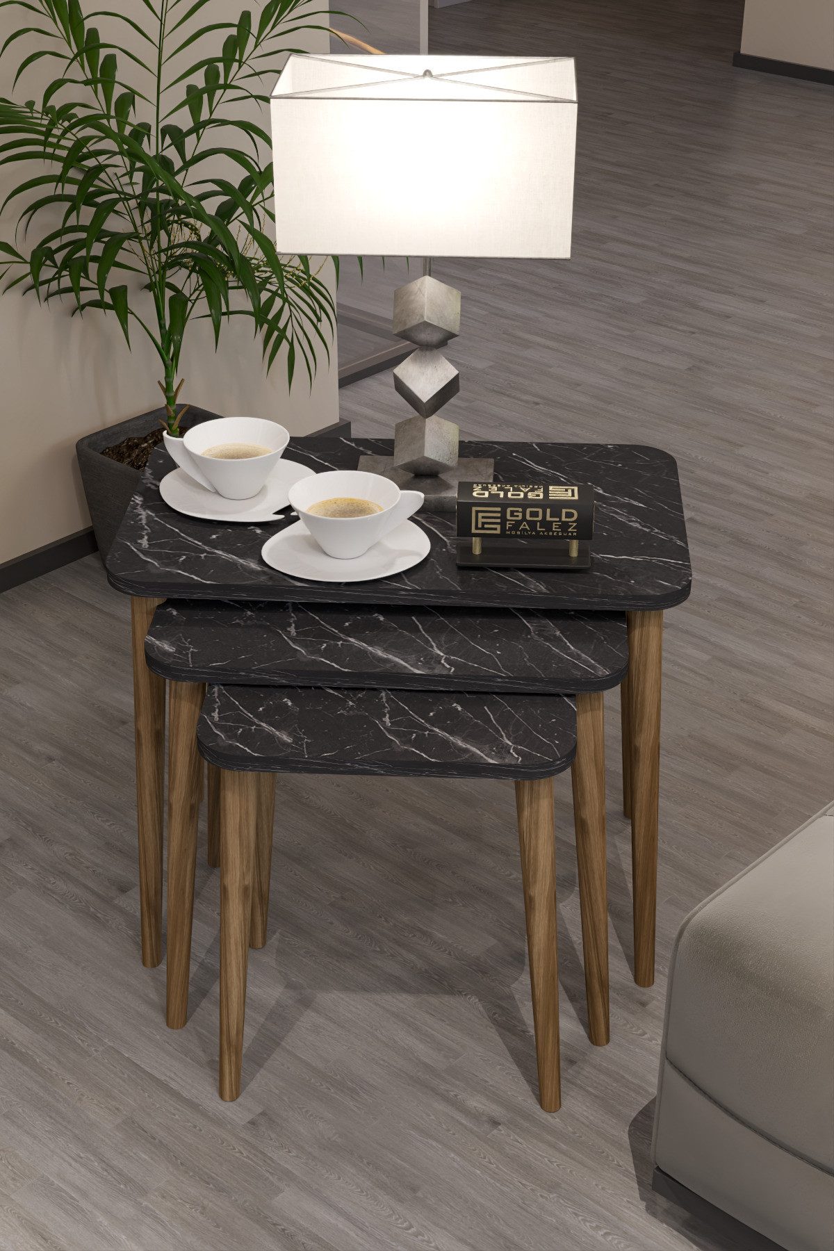 en.casa Couchtisch (3-St), stapelbar, abgerundete Ecken, Marmoroptik schwar günstig online kaufen