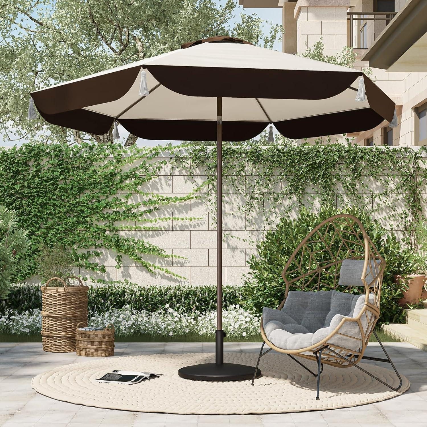 LuxusKollektion Balkonschirm Sonnenschirm Ø270cm Balkon Terrasse Fransen UV-Schutz 50+ Beige