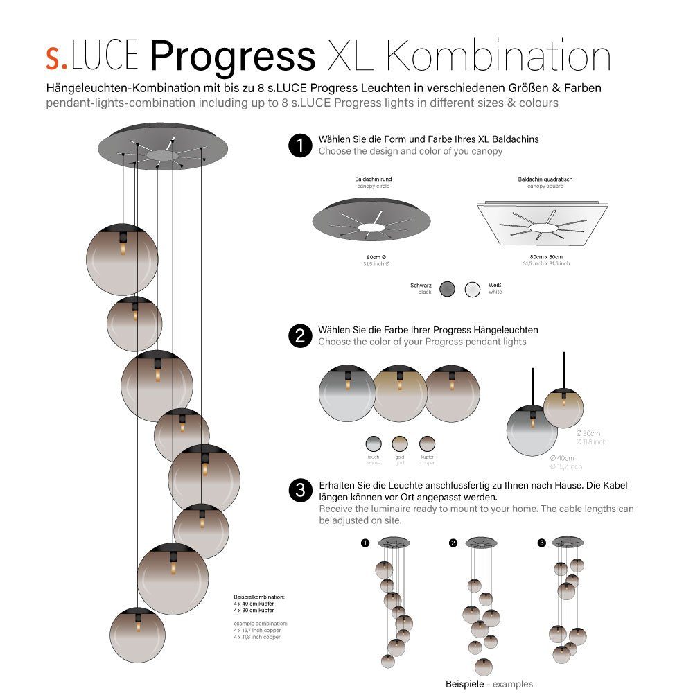 s.luce Rauch Rauchfarben Galerieleuchte Modular XL Baldachin mit 8-flammig Progress Pendelleuchte