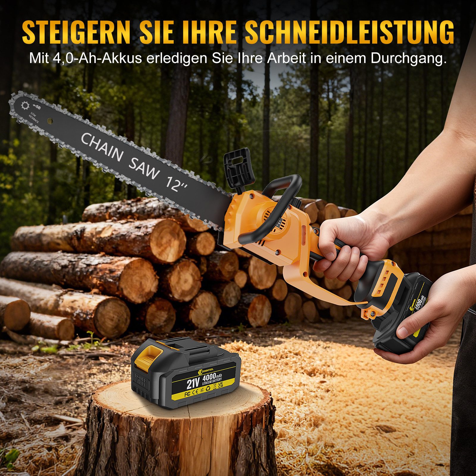 CONENTOOL Akku-Kettensäge 12 Zoll (30,5cm), 21V Brushless, 30,5 cm Schwertlänge, 1000W, 2x4,0Ah Akkus, inkl. Ladegeraet & Zubehoer – Bild 4 von 5