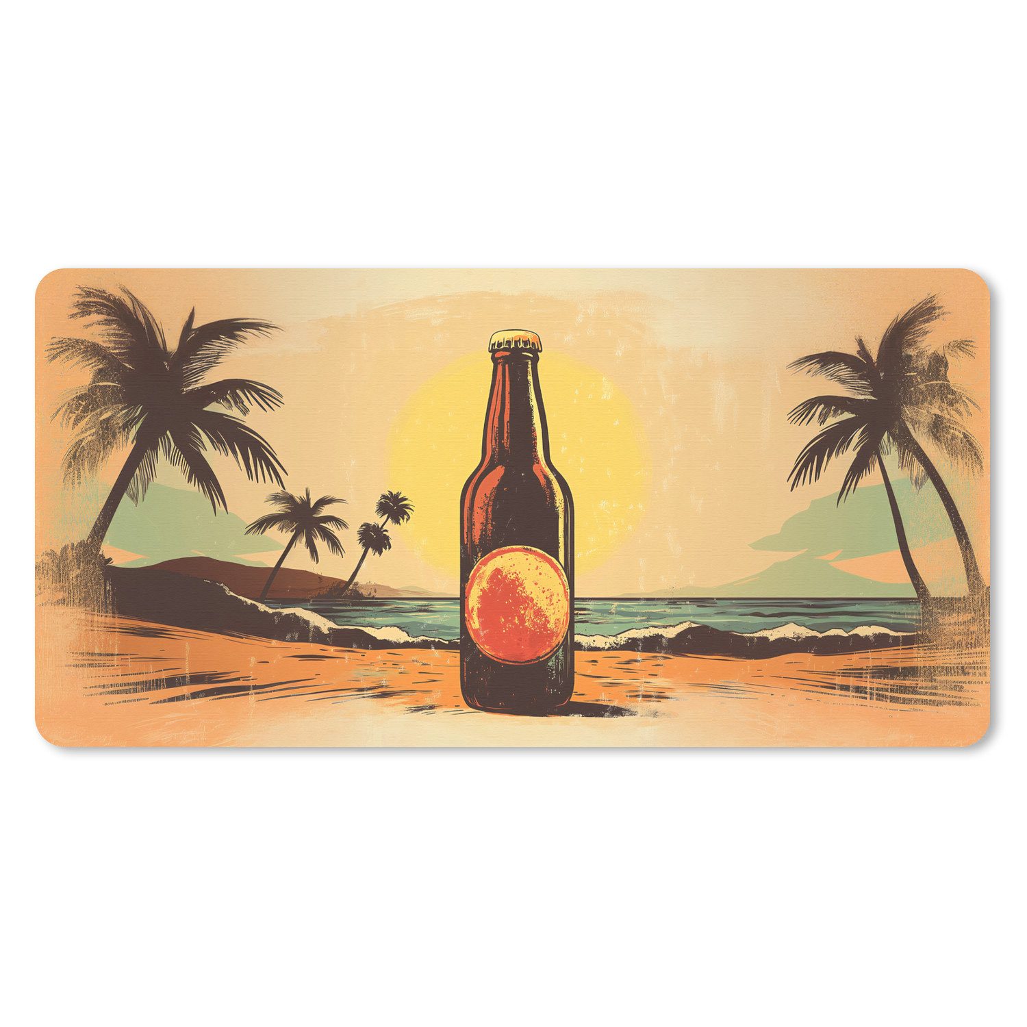 MuchoWow Mauspad Bierflasche - Sonnenuntergang - Palmen - Meer (1-St), Mousepad mit Rutschfester Unterseite, Gaming XXL, Großes, 120x60 cm