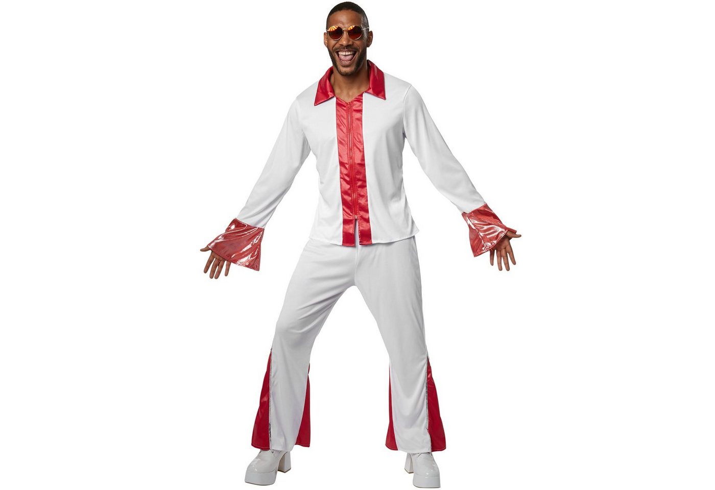 dressforfun Hippie-Kostüm Tänzer/Sänger, Gr. XL, Lange Hose mit weitem Schlag und Pailletten, in der Farbe rot/weiß, Langarmhemd mit Reißverschluss und Kragen