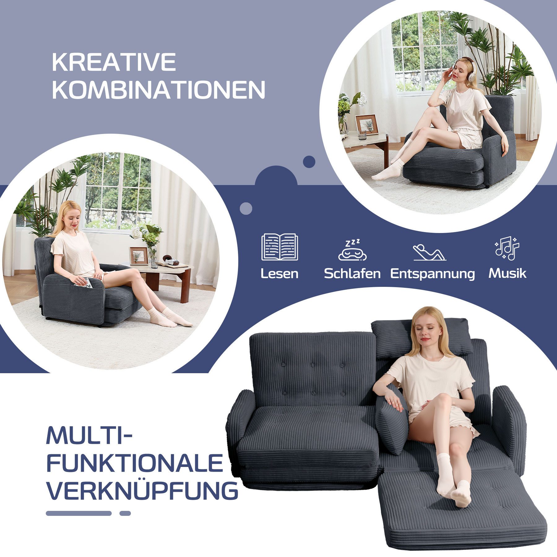 HomeMiYN Schlafsofa Schlafsessel 2-Sitzer mit Schlaffunktion, Klappsessel Bodensofa, Schlafsofa Loveseat, Bodensofa Klappsofa 2-Sitzer mit Schlaffunktion – Bild 5 von 5
