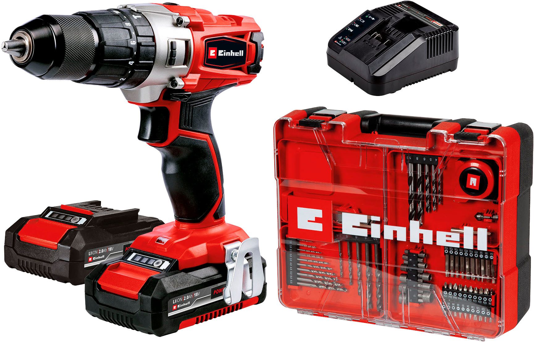 Einhell Akku-Schlagbohrschrauber Power X-Change TE-CD 18/2 Li-i inkl. 64 tlg. Zubehör, max. 1250 U/min, (Set), inkl. 2 Akkus á 2 Ah, Ladegerät und Aufbewahrungskoffer
