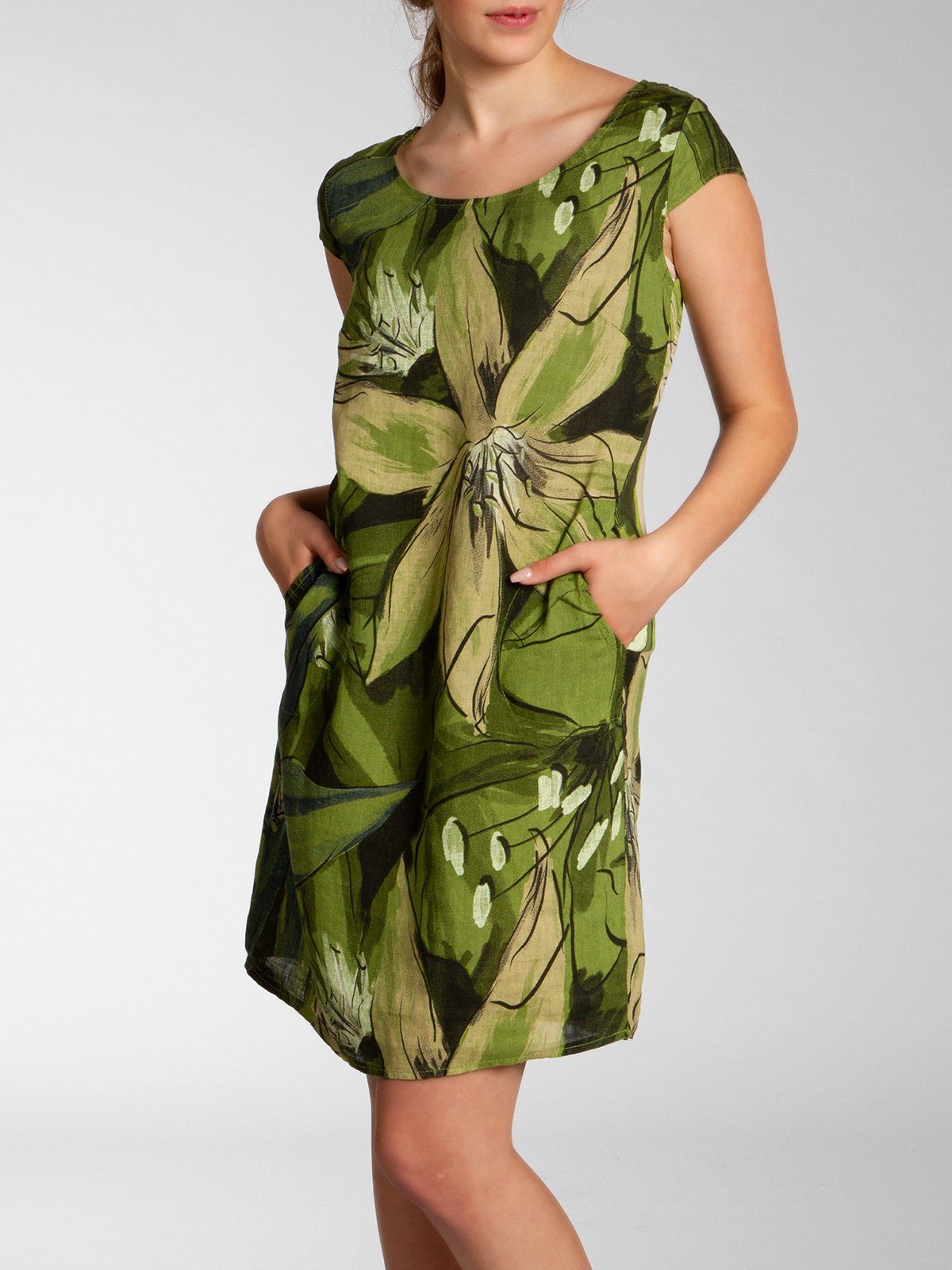 Caspar Sommerkleid SKL035 knielanges elegantes Damen Leinenkleid mit Blüten Print Luftig leicht, figurumspielende Form, mit seitlichem Jersey-Einsatz