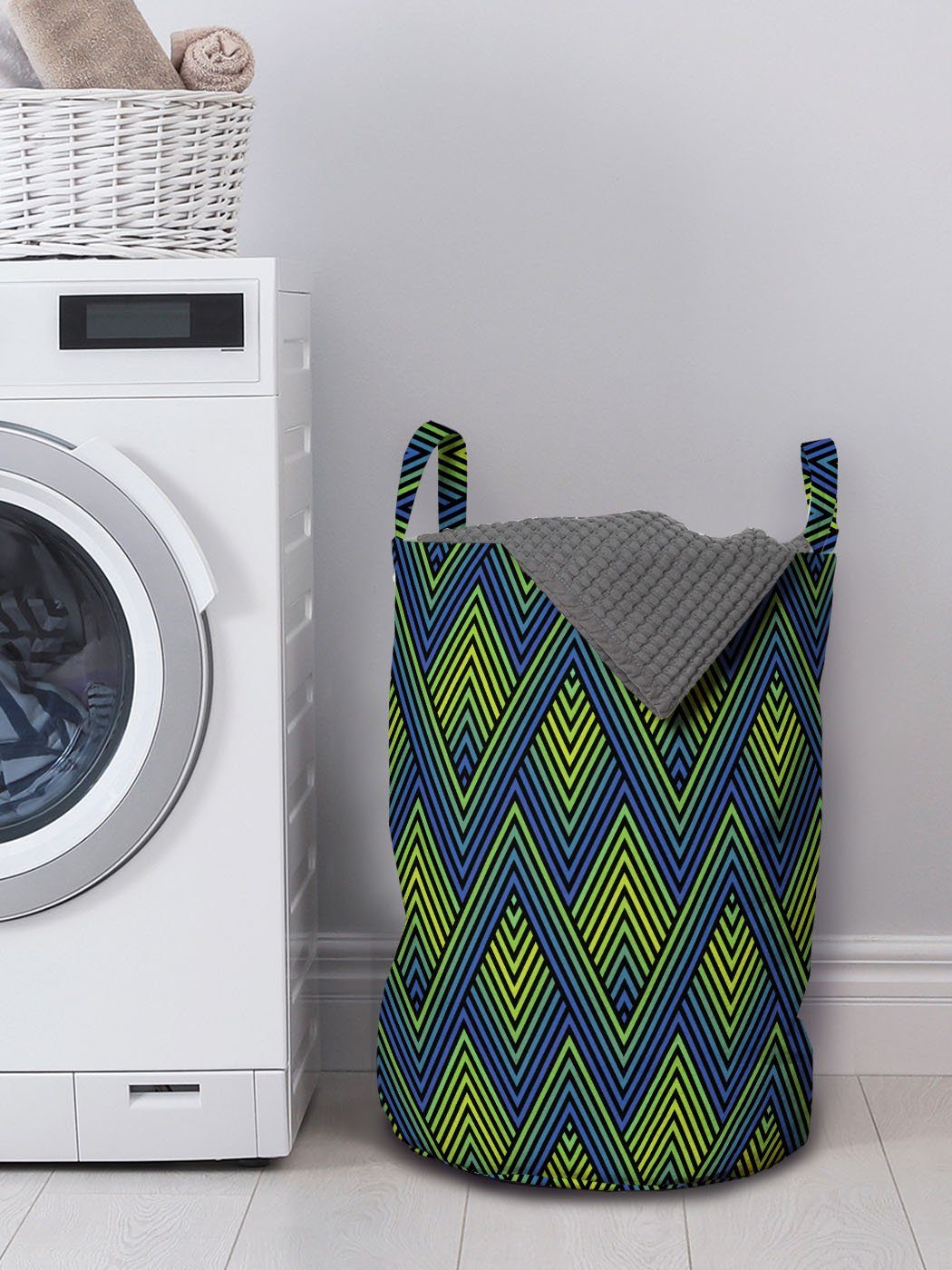 Abakuhaus Wäschesäckchen Wäschekorb Welle Kordelzugverschluss Griffen Vibrant mit Waschsalons, Kunst Abstrakte für Zigzags