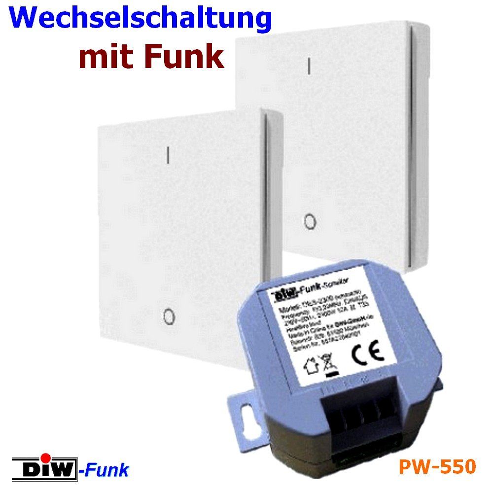 DIW-Funk Licht-Funksteuerung PW-550 DIW-Funk Wechselschaltung EINBAU + 2 Sender, für Licht, TV Gerät, Elektrogeräte, Anlagen, 1 Schaltkontakte, Spar-Set, 1-tlg., Komplett-Set inkl. Zubehör, Funksteuerung, Wechselschaltung