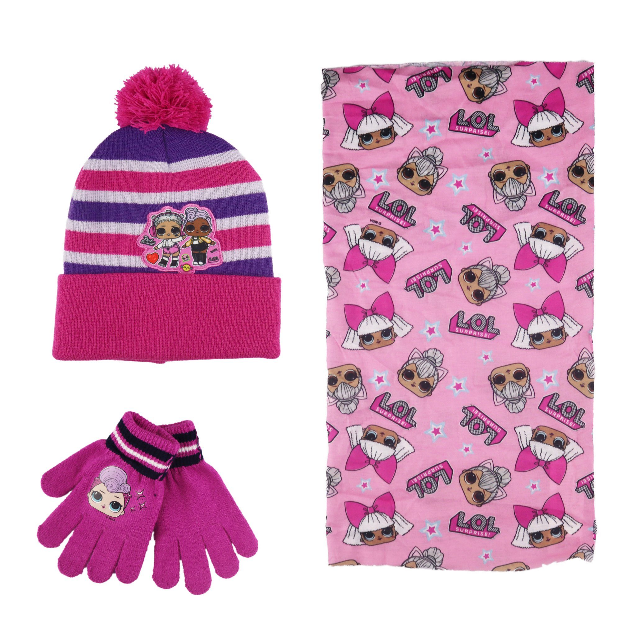 Bommelmütze LOL Surprise Kinder Winter Set Mütze Handschuhe Snood Schaal