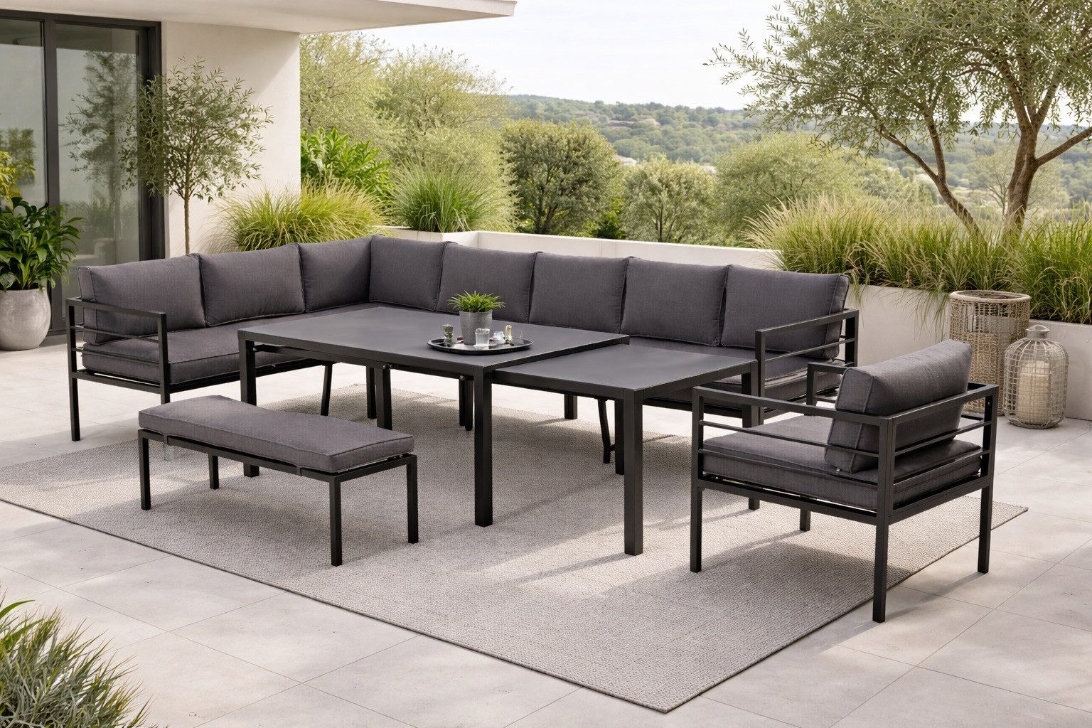 Gardissimo Gartenlounge-Set Larino Gartenmöbelset Tisch ausizehbar Dining Lounge Alu, (Spar-Set, 4-tlg., Alu, Ecklounge, ausziehbarer Esstisch, Sessel, Bank, inkl. Auflagen), ausziehbarer Tisch, verstellbares Kopfteil, spiegelverkehrt montierbar
