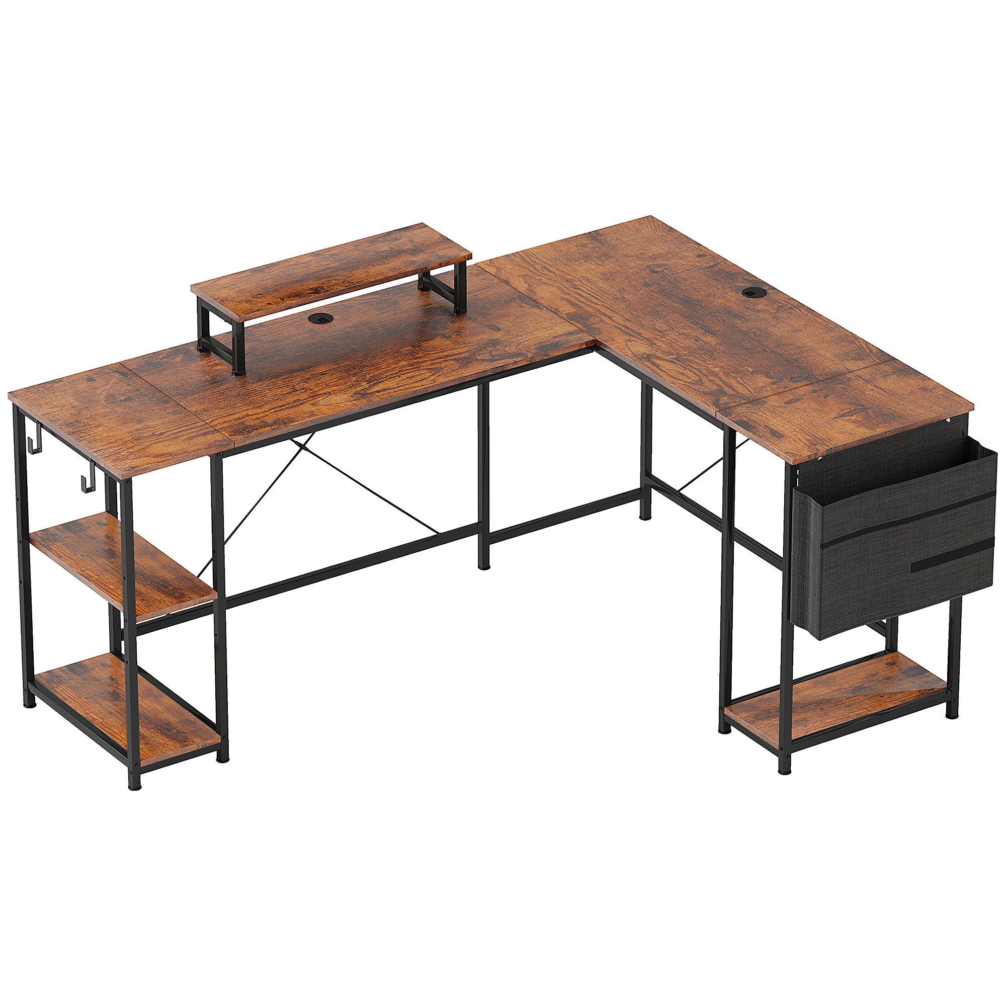 REDOM Schreibtisch 168x120 cm in Rustikal-Braun, L-Form, mit Staufächern & Tasche (Packung, 1-St., Wendbarer Computertisch mit Monitorablage,für Homeoffice & Gaming), für professionelle Arbeitsumgebung & gemütliche Zockerecken