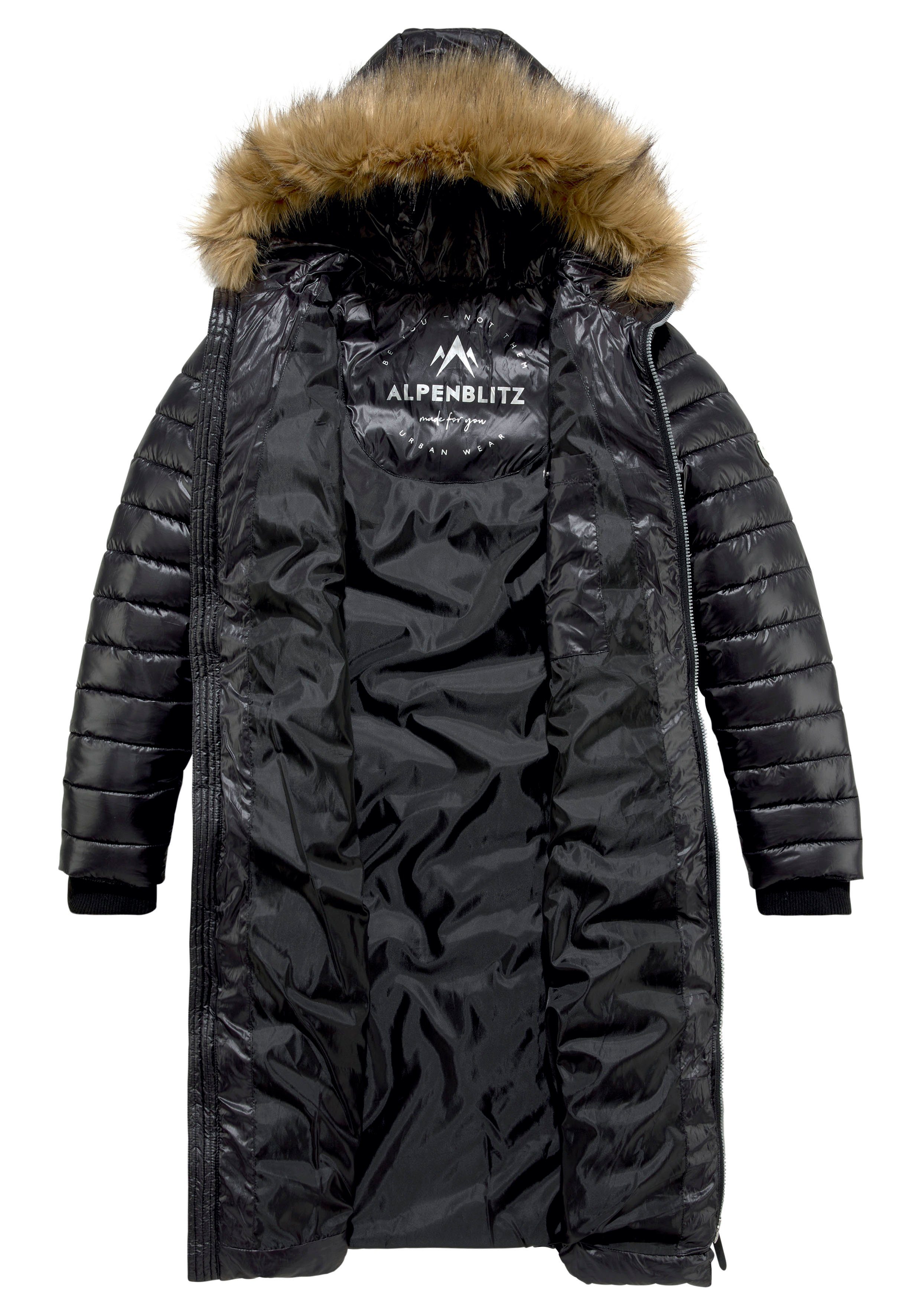 ALPENBLITZ Steppjacke Material) Kapuze aus der long Moskau (Jacke black & Finish modernem glänzend an Abnehmbarer nachhaltigem Kunstfellbesatz