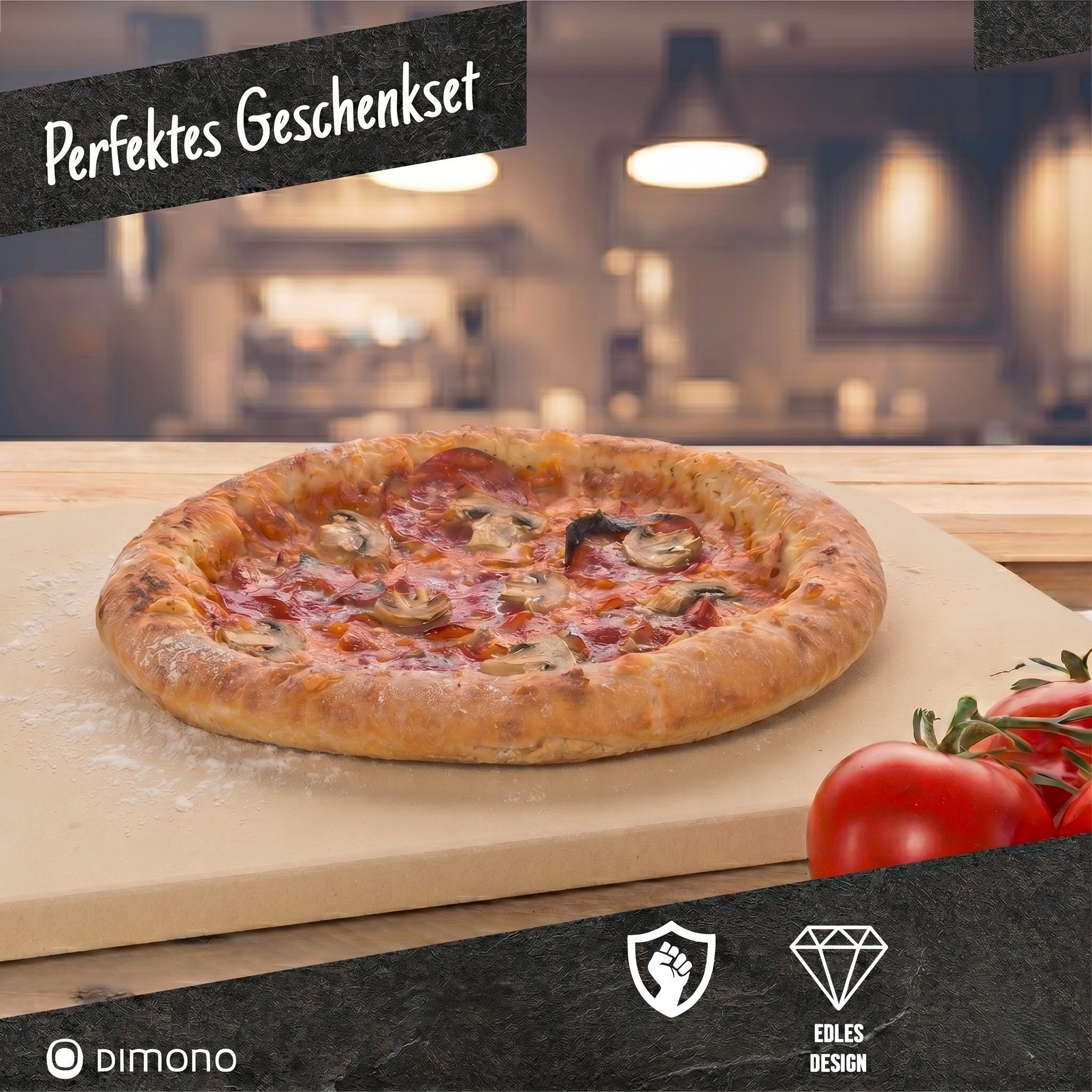 Dimono Pizzastein Backstein, (Premium Set: Pizzastein + Pizzaschieber + Wiegemesser, 1-St), Cordierit Pizzaofen