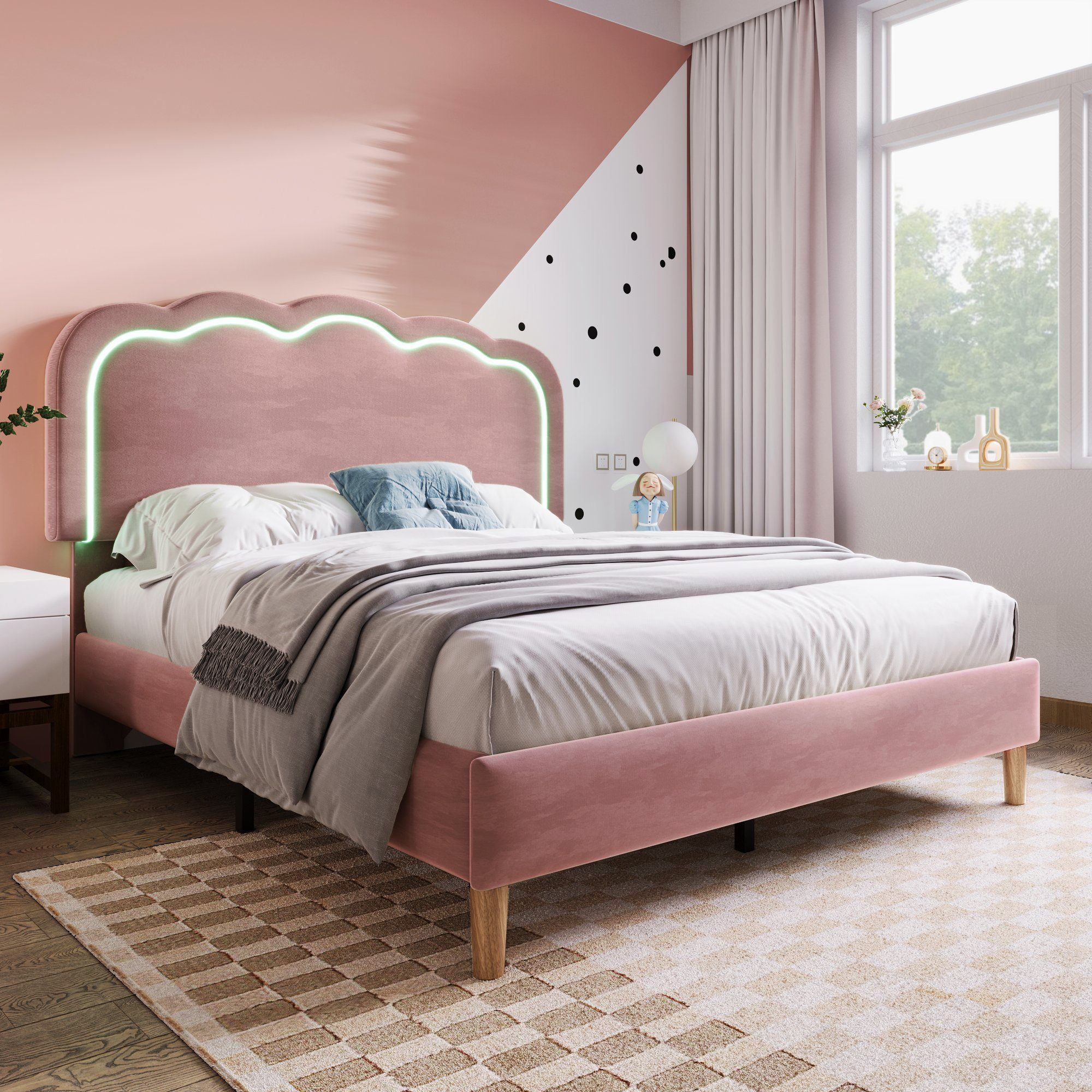Polsterbett (LED Doppelbett), mit Lattenrost & Verstellbares Kopfteil in Puff-Form, 140x200cm, Samt